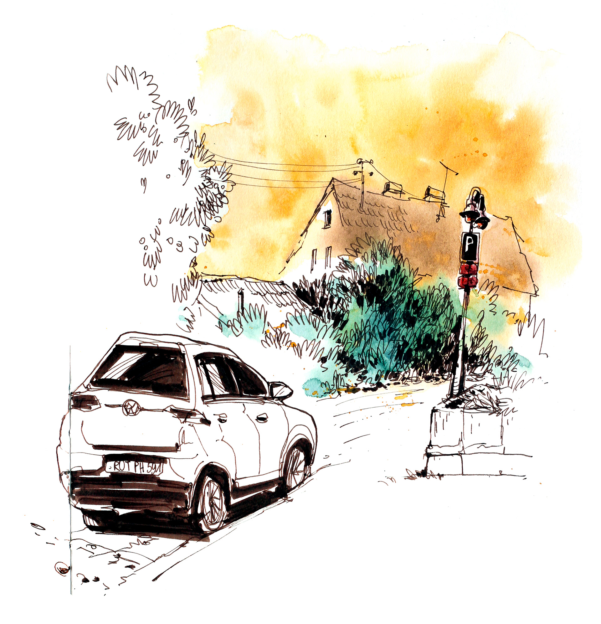 Urban Sketch einer Ortschaft mit Auto im Vordergrund