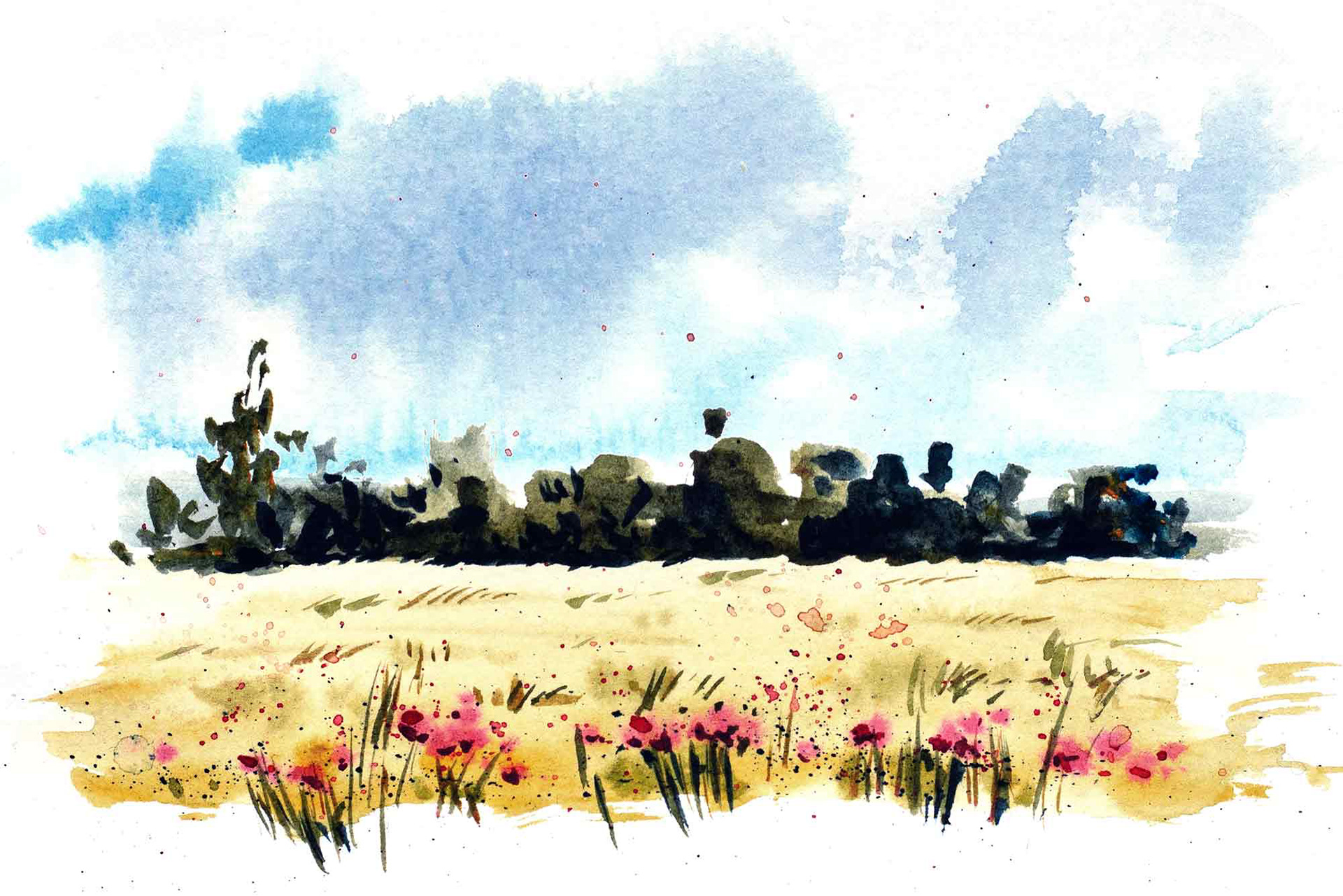 Einfache Landschaft mit Blumenfeld und Bäumen