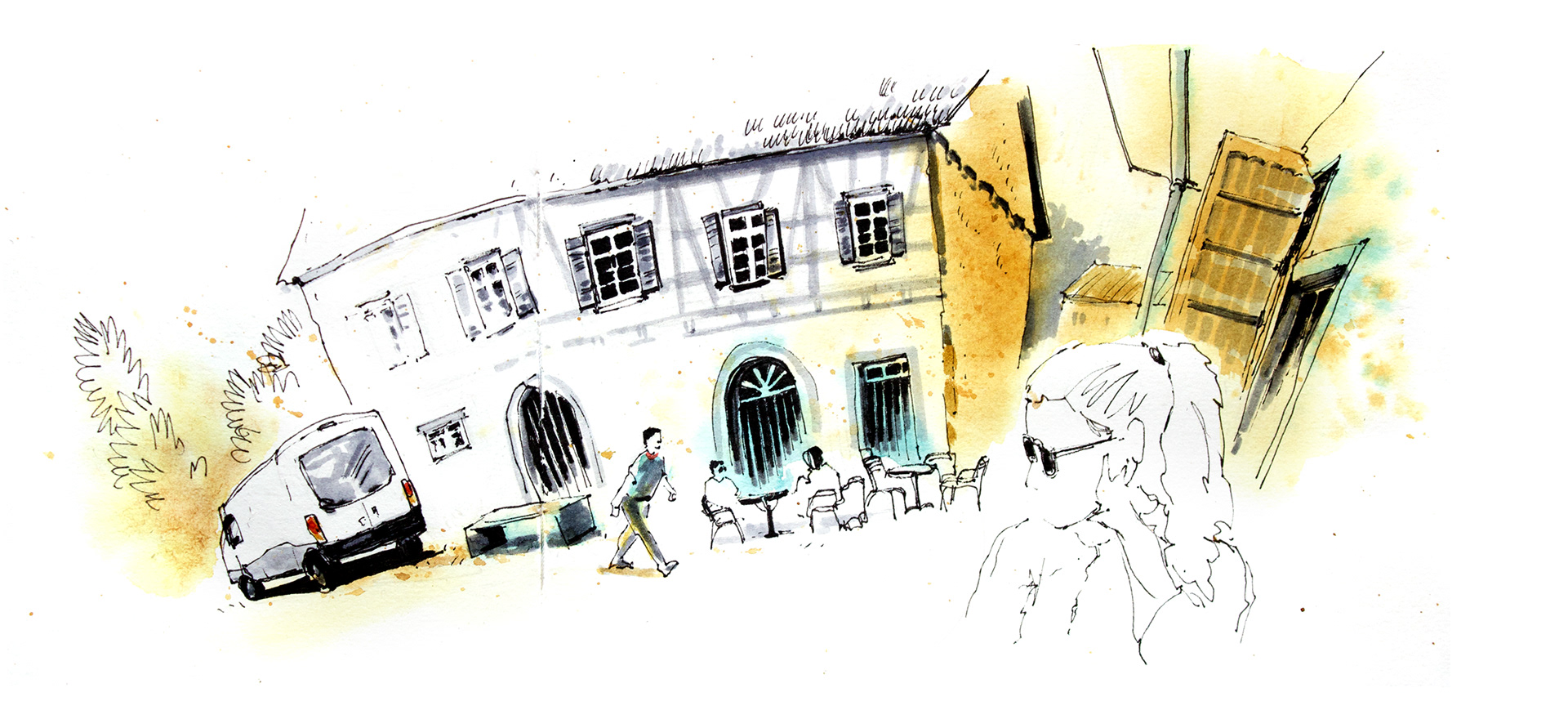 Urban Sketch auf der Terrasse einer Bäckerei mit altem Haus