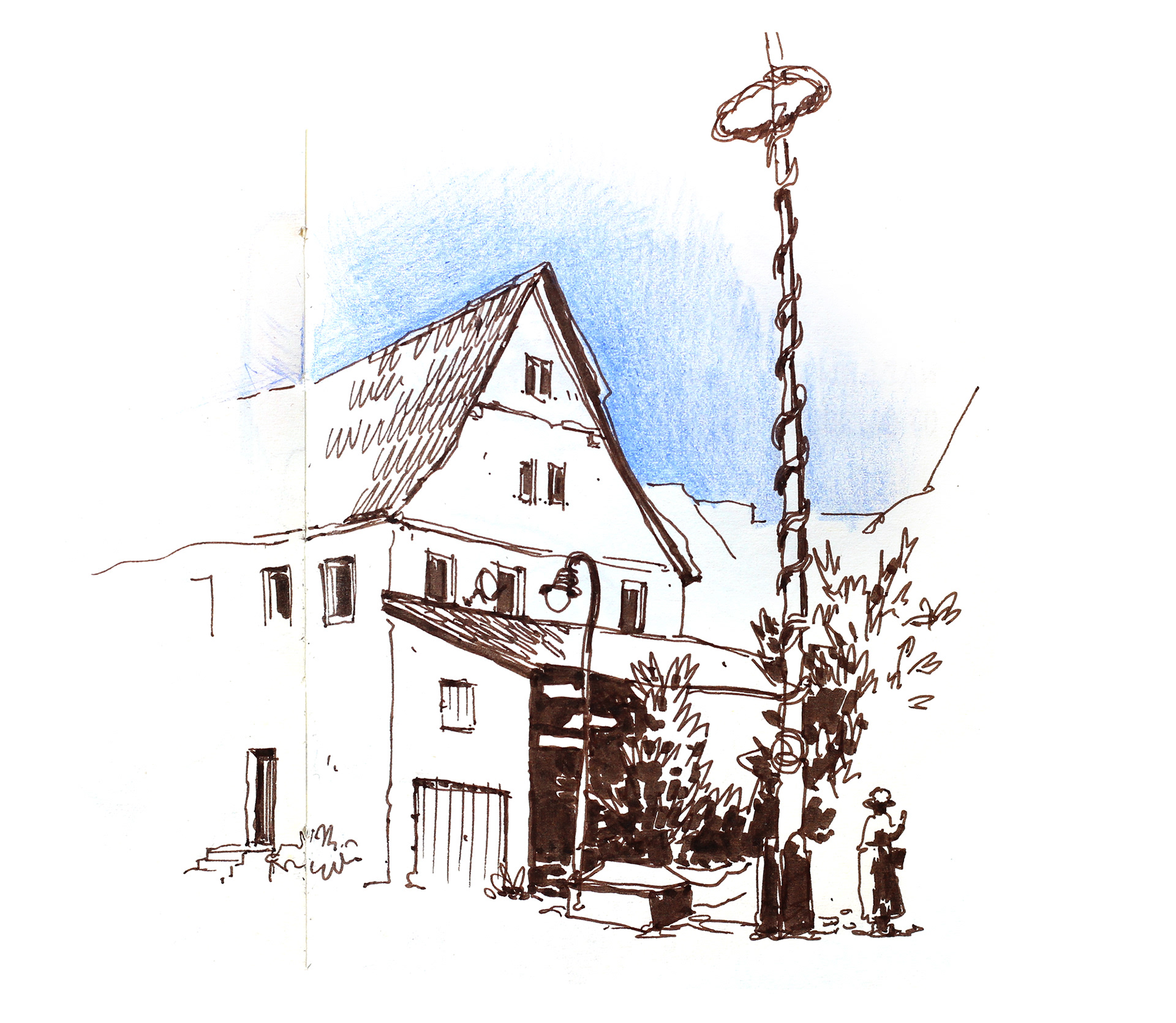 Urban Sketch eines Ortskerns mit Maibaum