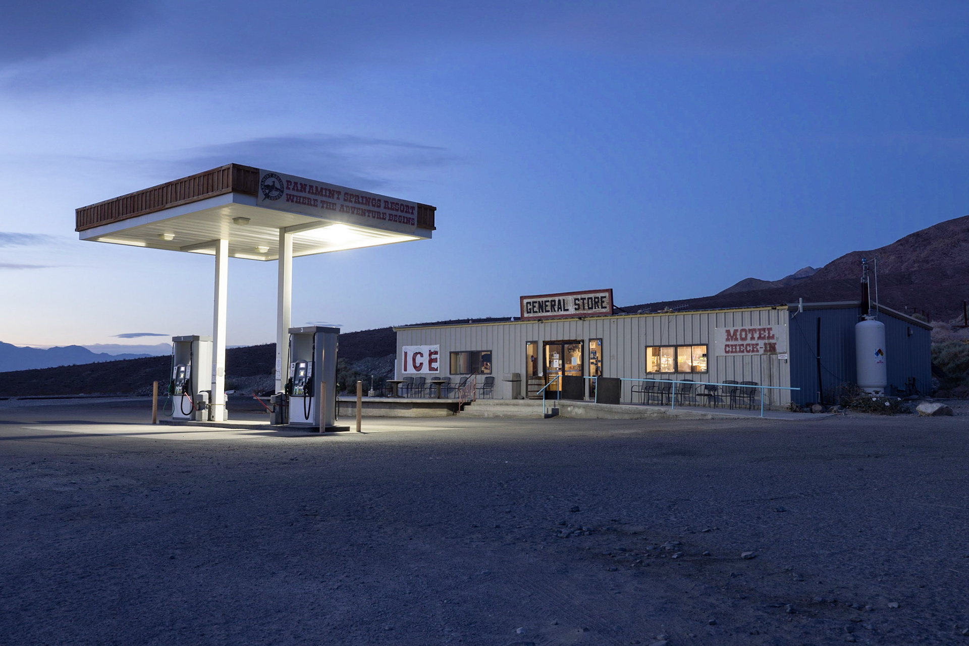 in the middle of the Death Valley desert there is a small place called panamint springs. There you will find a hotel with a few rooms, a restaurant and this gas station including a general store