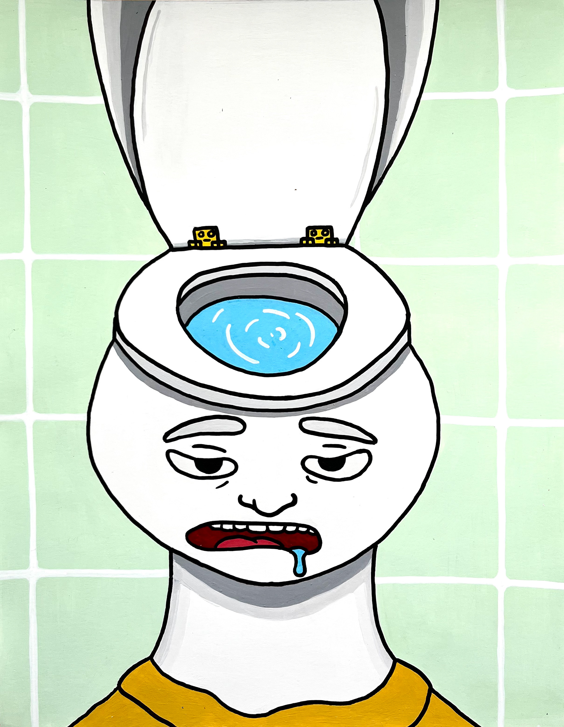 Paint pen illustration of a toilet humanoid with a blank, open-mouthed expression. There is drool dripping out of the figure's mouth. The figure is in front of a light green tiled background and wearing a yellow shirt.