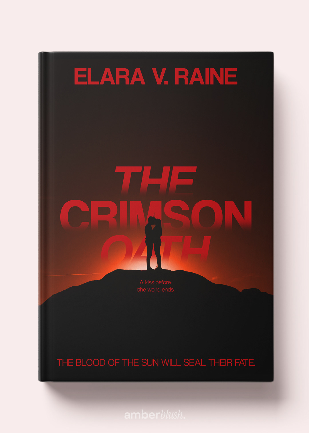 Apocalyptic dark romance book cover for The Crimson Oath, featuring a silhouetted couple against a blood-red horizon.
