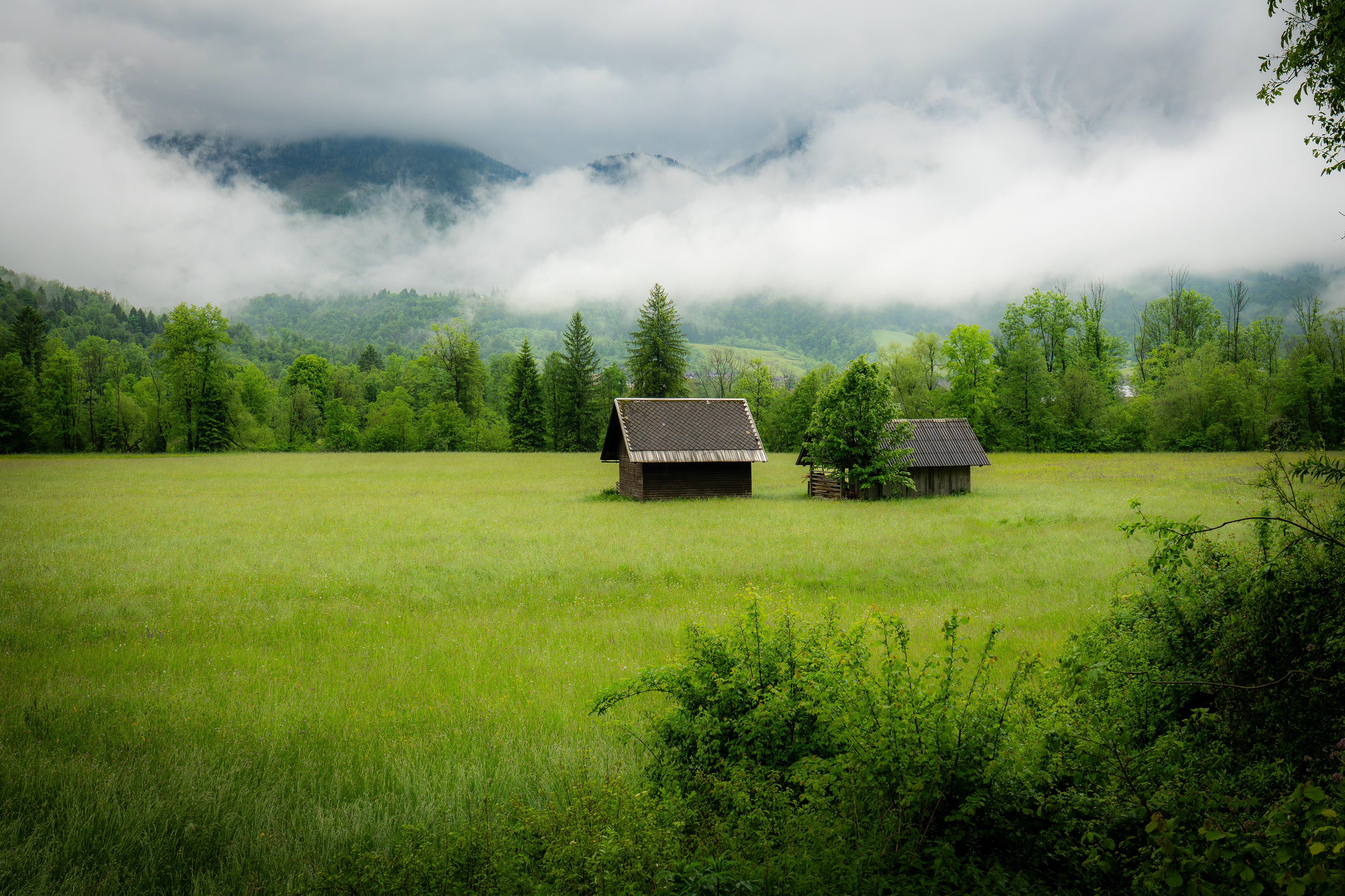 Slovenian Countryside trapped in fog and clouds