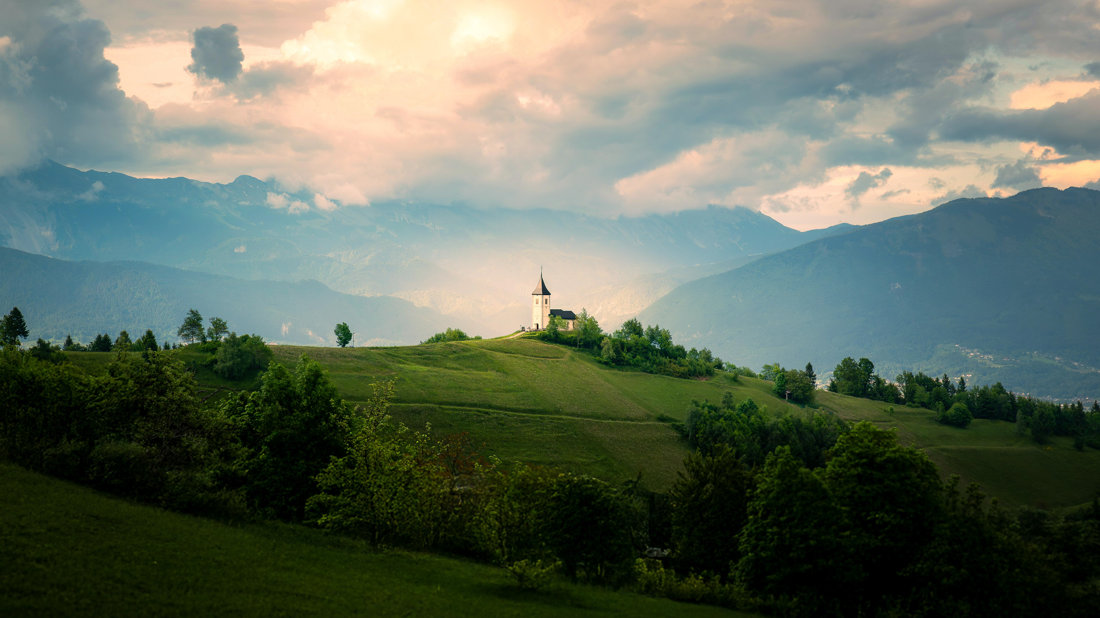 Sts Primus and Felician Church, Slovenia dramatic sunset view