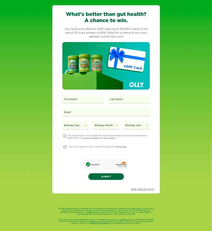 Sweepstakes Entry on Desktop