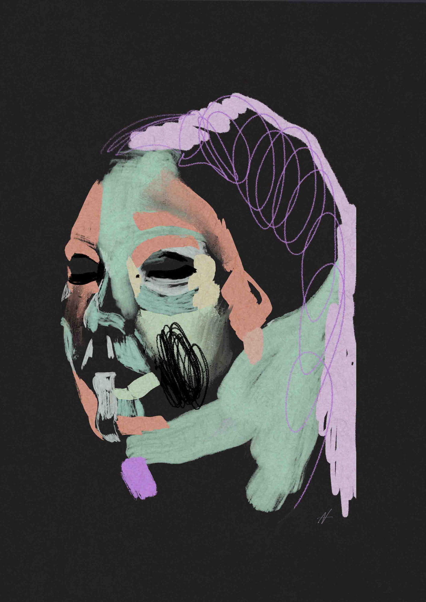 Portrait-Illustration der Hamburger Illustratorin Anne Marie Kersten zum Thema (Un)sichtbarkeit von geflüchteten Frauen. Frauen Portrait mit ausdrucksstarken abstrakten Pinselstrichen und kontrastreichen Farben. Portrait illustration by Hamburg-based illustrator Anne Marie Kersten on the theme of the (in)visibility of refugee women. A woman's portrait with expressive abstract brushstrokes and contrasting colors.