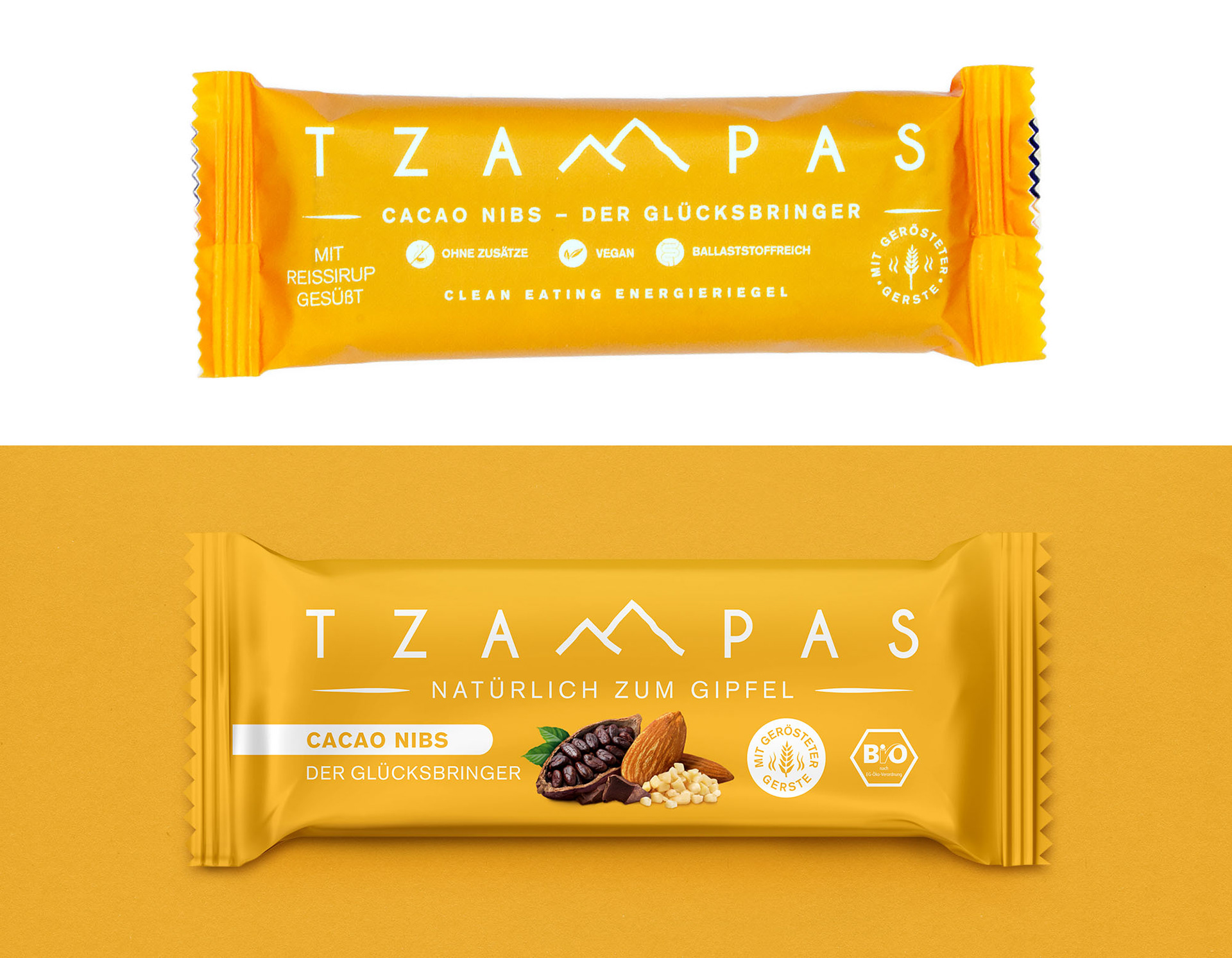 Vorher-Nachher Vergleich des Packaging Designs für TZAMPAS Energieriegel – von unübersichtlich zu markenstark