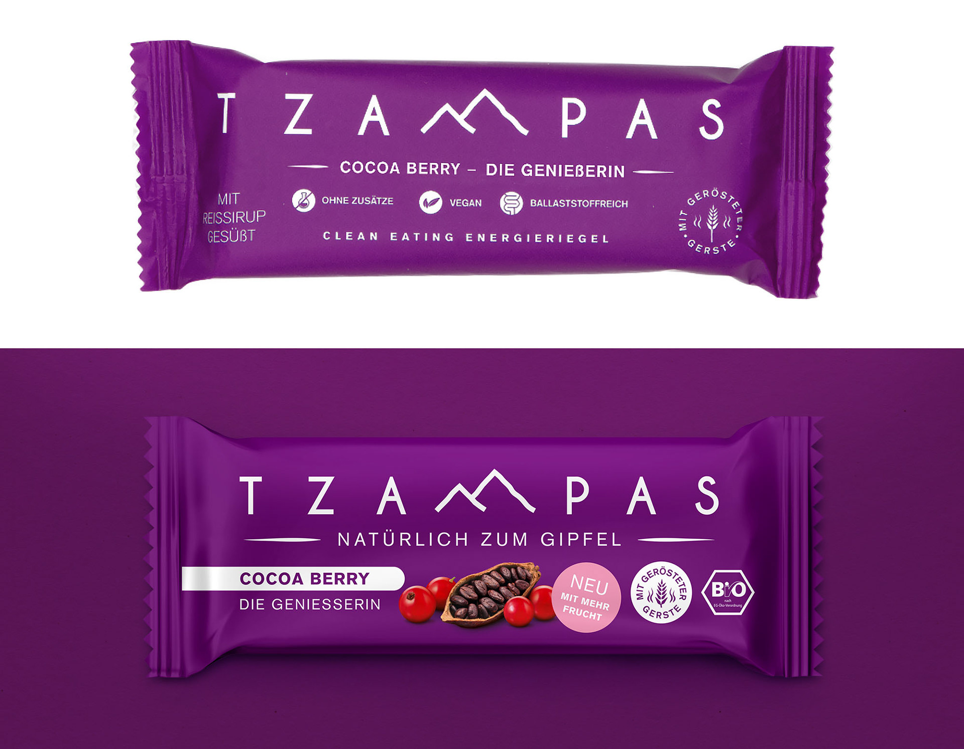 Altes TZAMPAS Verpackungsdesign ohne Food-Composing – unübersichtlich, ohne klare Hierarchien und wenig Appetitanreiz