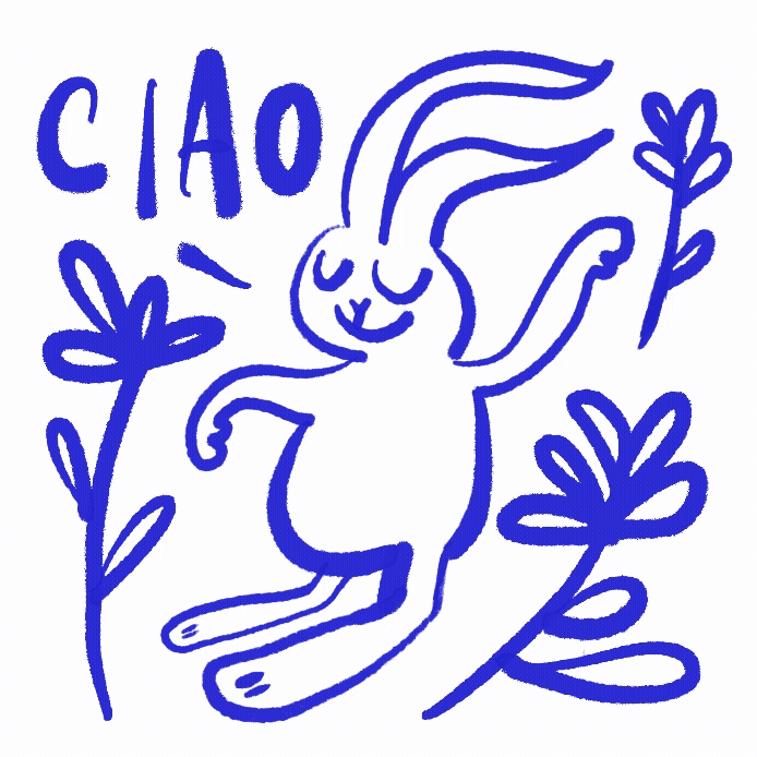 Illustration der Hamburger Illustratorin Anne Marie Kersten: ein winkender weißer Hase mit dem Schriftzug „CIAO“, umgeben von Blumen. Pinselstil in Blau und Weiß. Illustration by Hamburg-based illustrator Anne Marie Kersten: a waving white bunny with the word “CIAO,” surrounded by flowers. Brush style in blue and white.