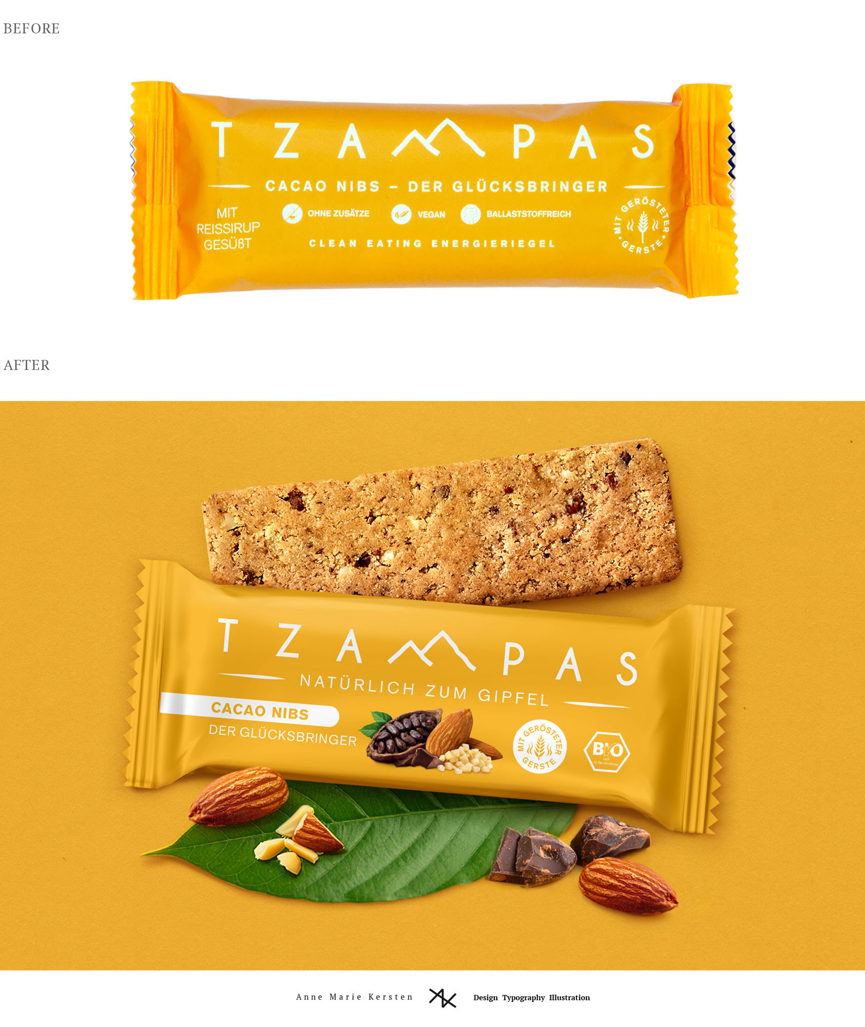 Vorher-Nachher Vergleich des Packaging Designs für TZAMPAS Energieriegel – von unübersichtlich zu markenstark