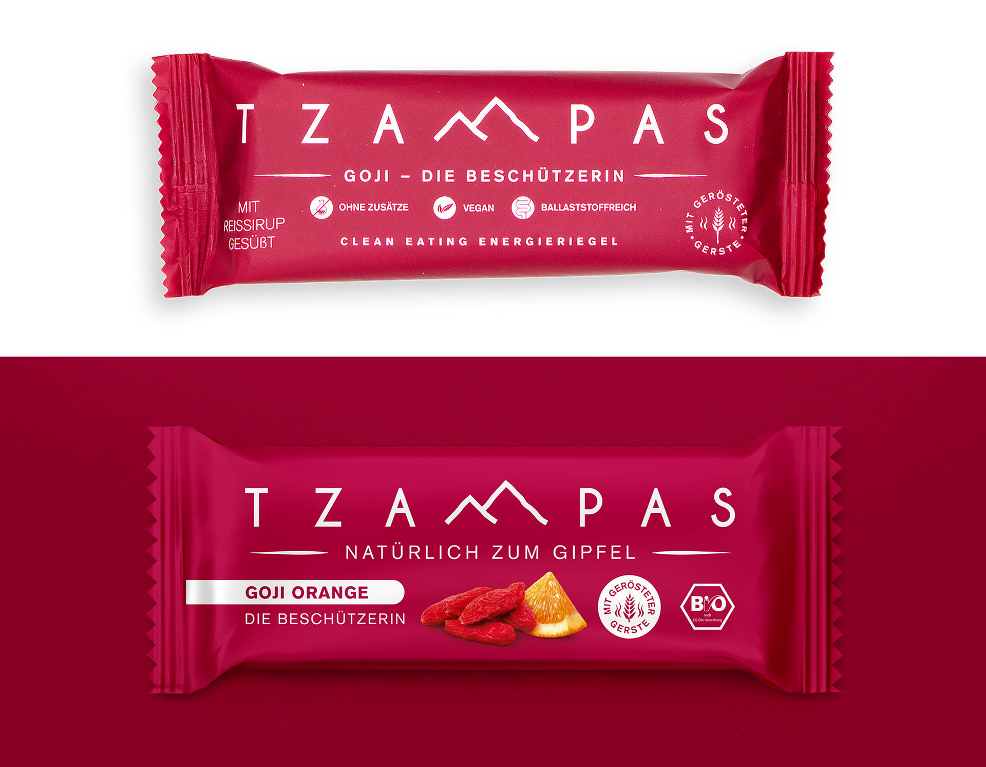 TZAMPAS Energieriegel im neuen Packaging – moderne Verpackungsgestaltung mit Fokus auf geröstete Gerste