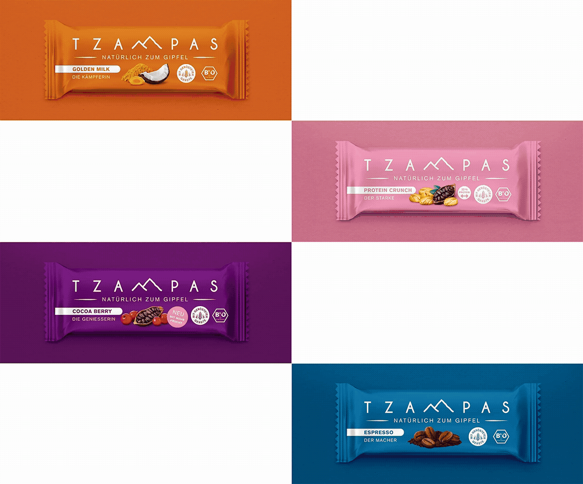 Neues TZAMPAS Packaging Design für Energieriegel – klares Markenfeld, emotionale Food-Composings, starke Regalwirkung