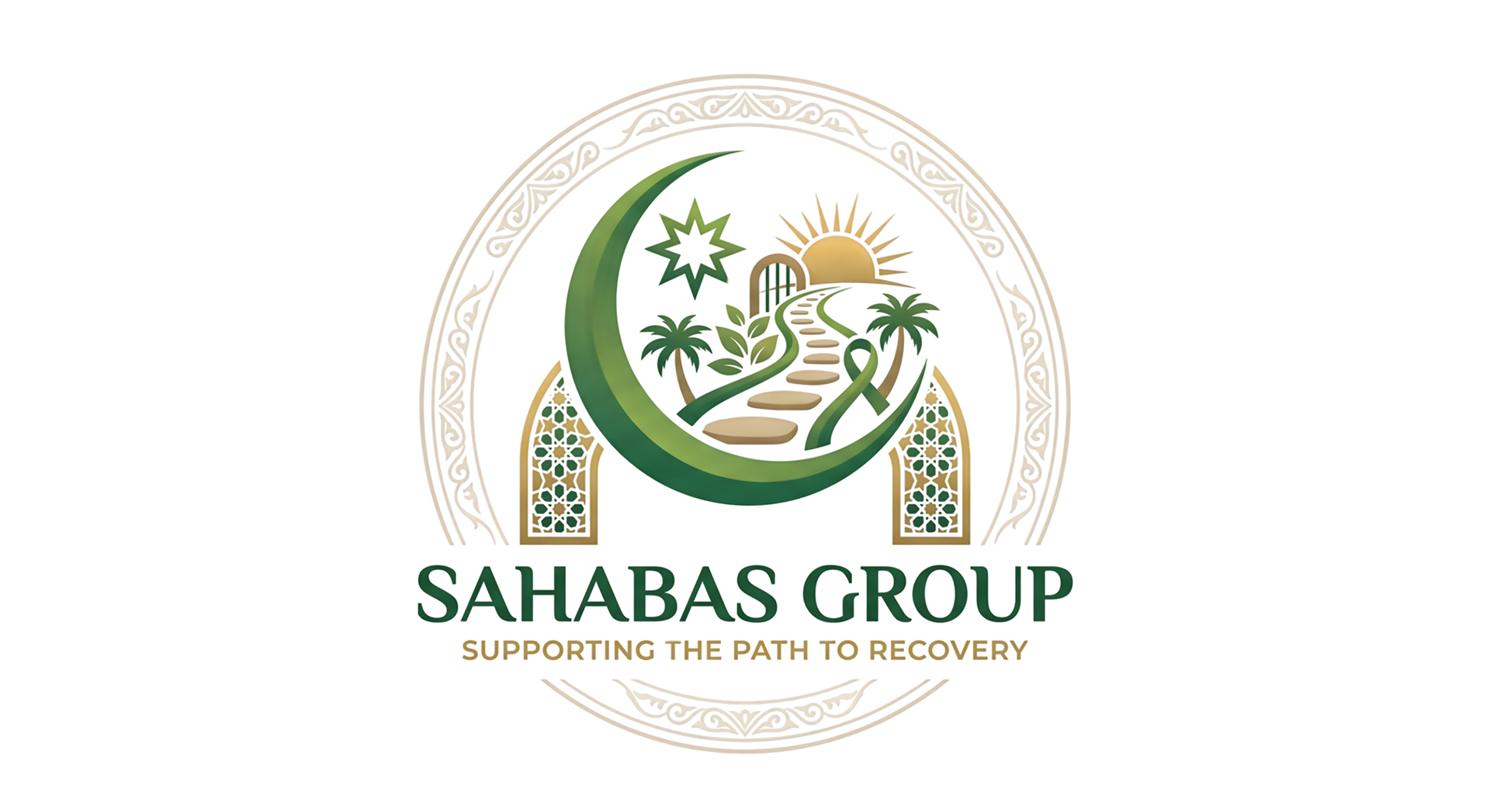 SAHABAS GROUP logo - A green crescent moon over a path that leads into the sunset with the text "Supporting the path tto recovery" underneath.