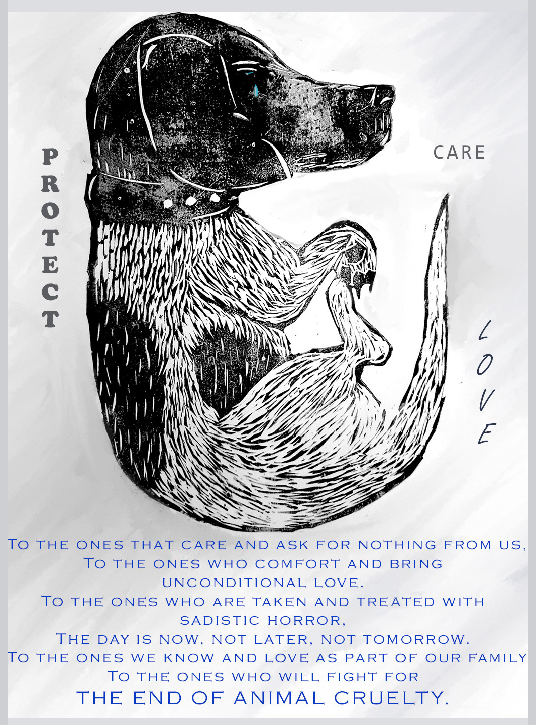 'Protect against animal cruelty' - Medium: Lino print & Photoshop