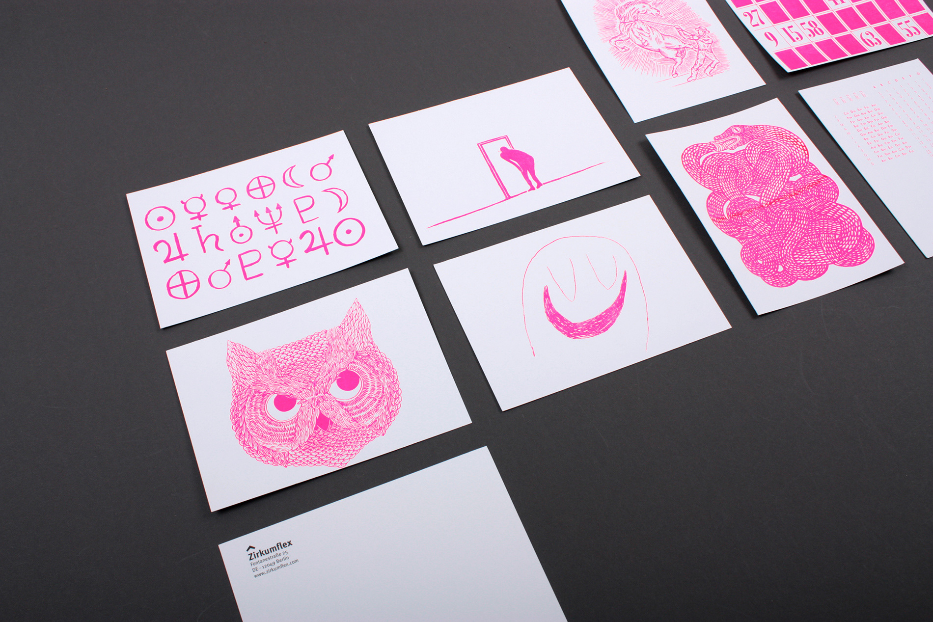 Silkscreen greetings card with fluo pink illustrated by Virassamy