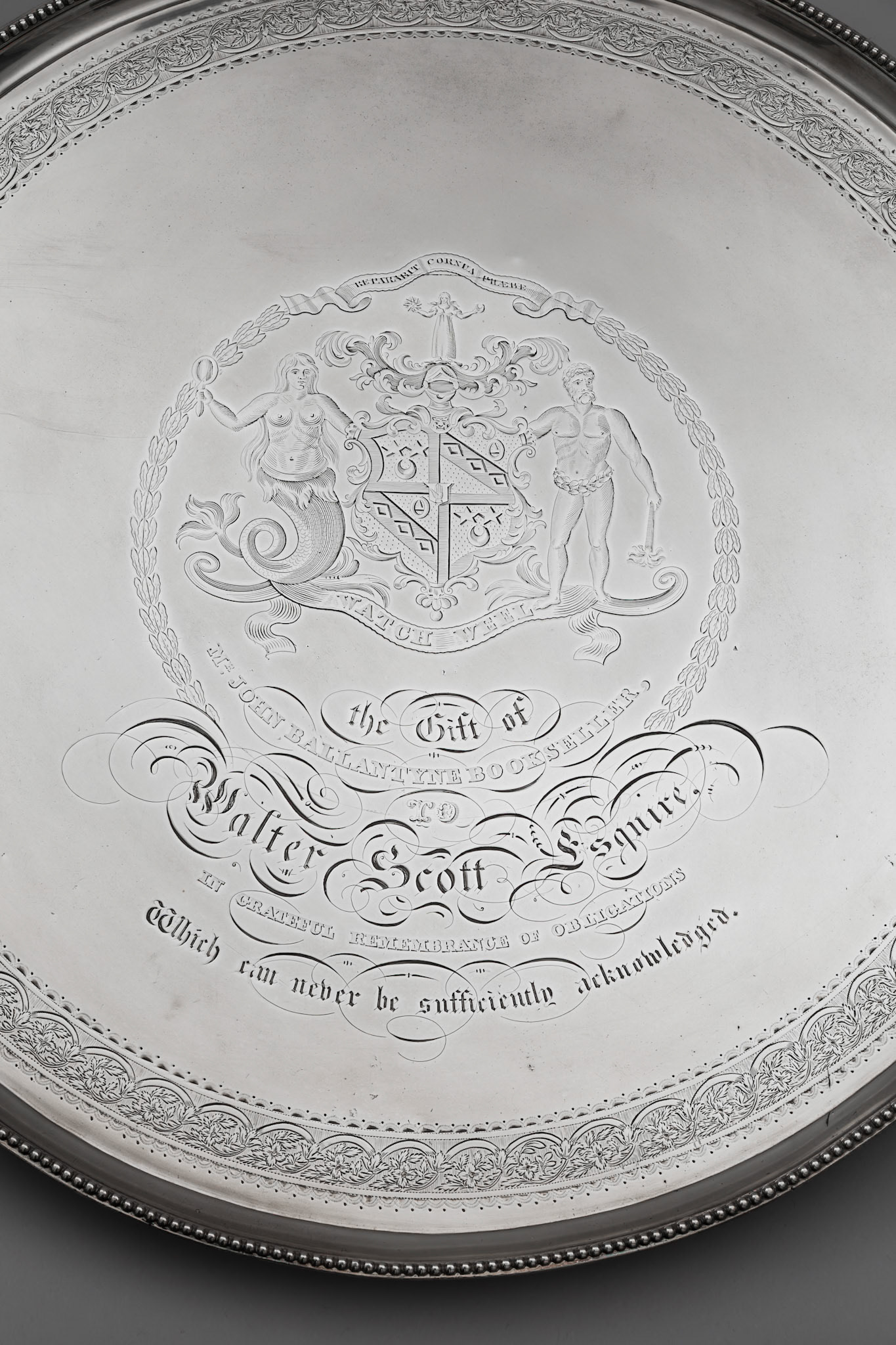 Detail of a silver salver featuring Sir Walter Scott's coat of arms, courtesy of The Abbotsford Trust, Abbotsford, Melrose