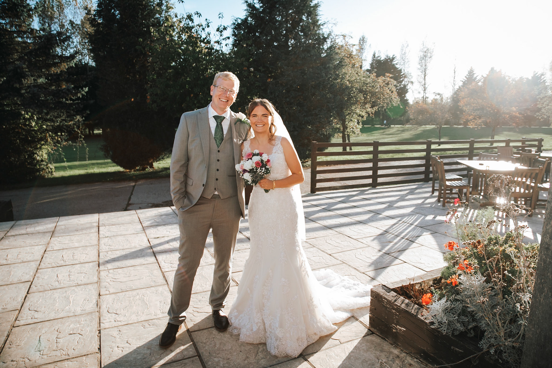 Mark and Rosemary celebrating with family and friends at their wedding reception at Bulbury Woods Golf Club in Dorset.