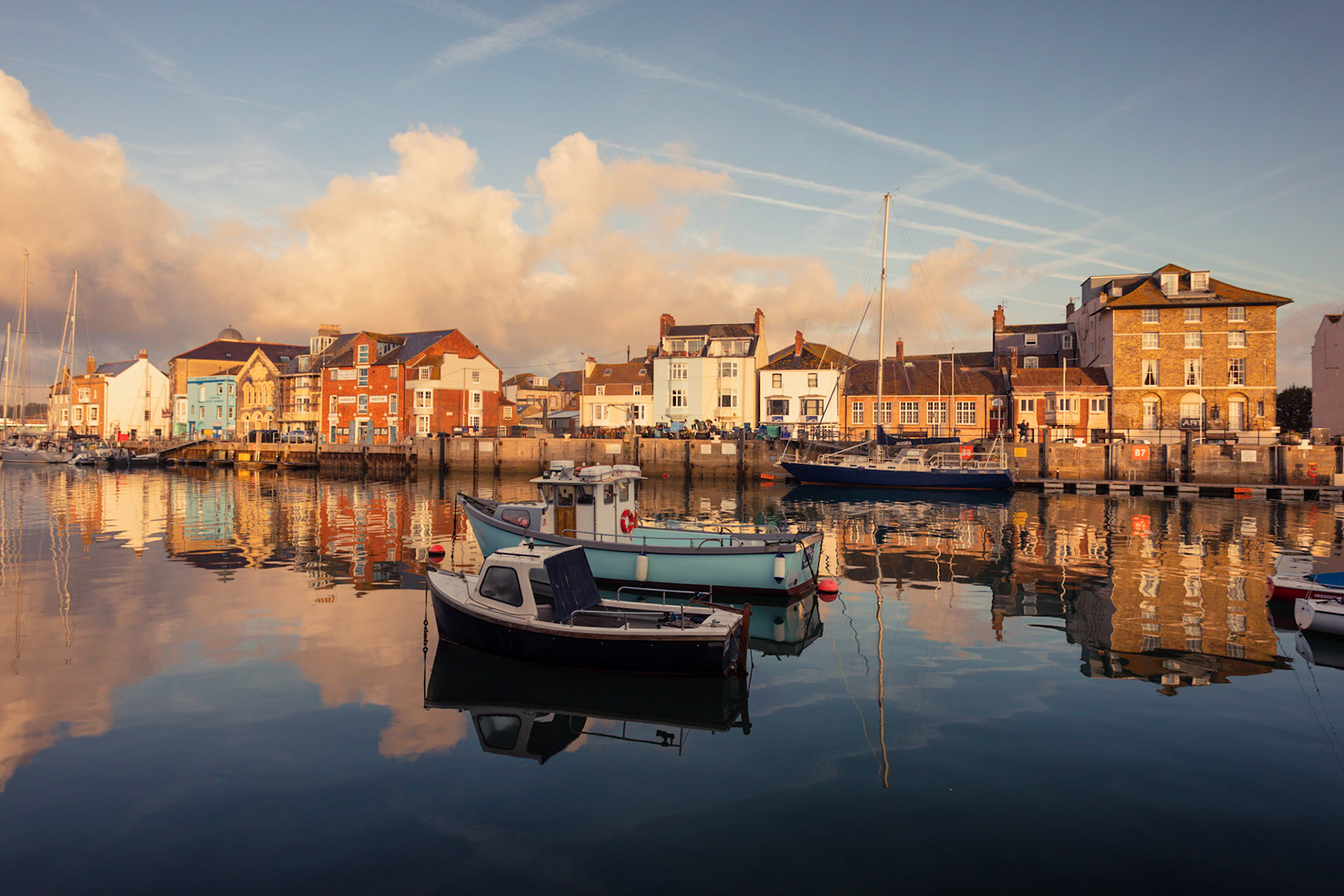 Weymouth’s famous vibrant harbour in the heart of the Jurassic Coast in Dorset at Sunrise in October