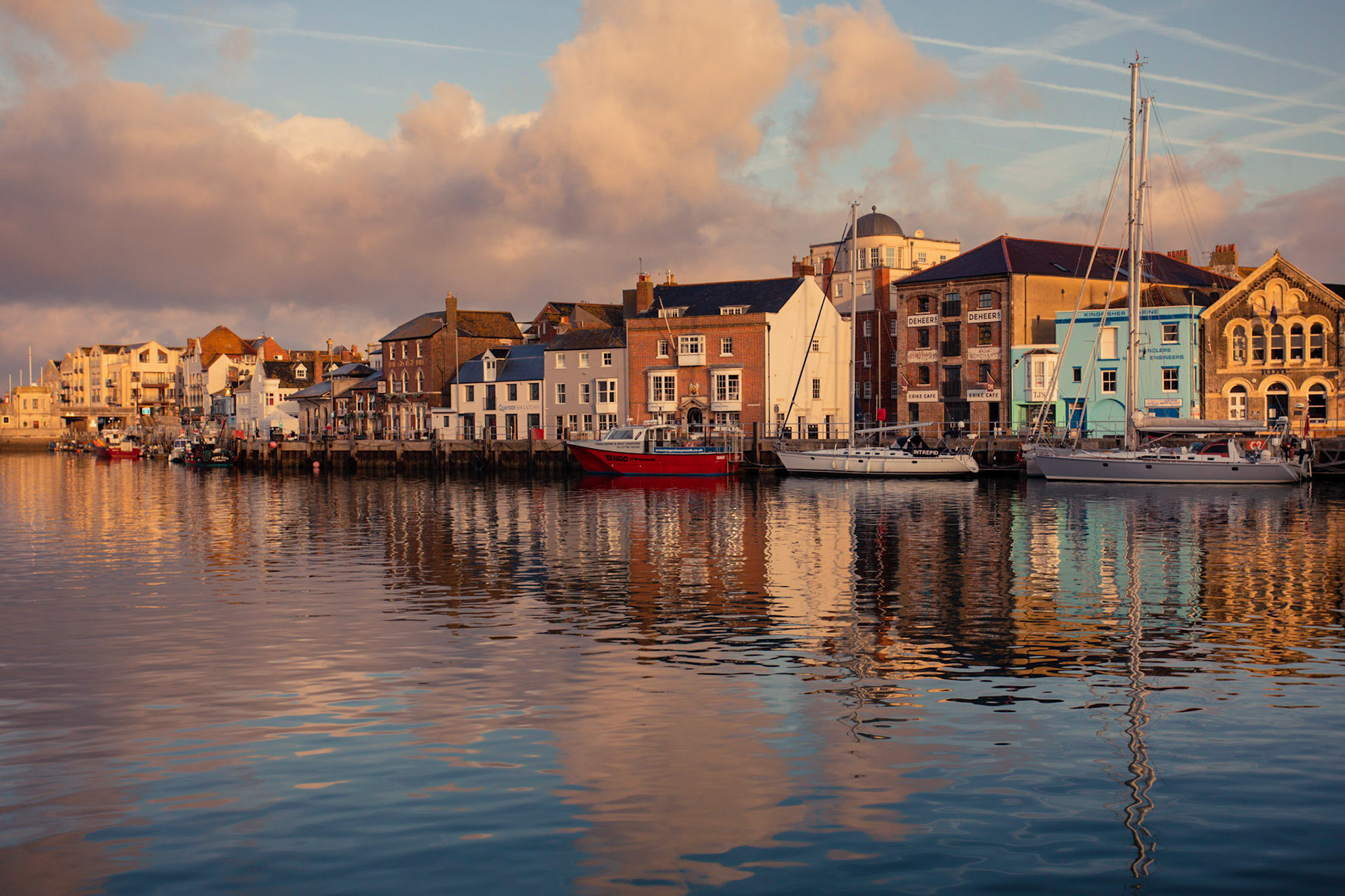 Weymouth’s famous vibrant harbour in the heart of the Jurassic Coast in Dorset at Sunrise in October