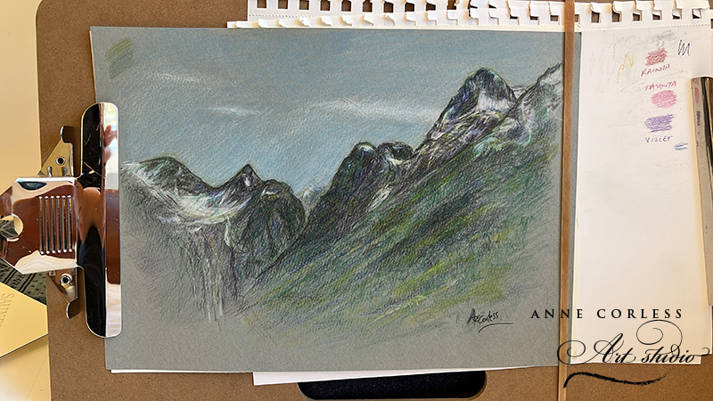 Coloured pencil drawing of Olden, Norway