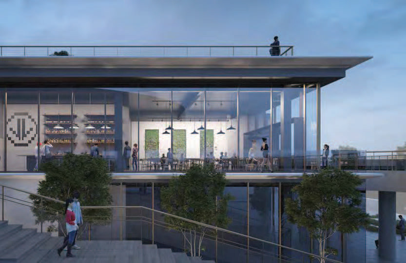 Public spaces including a cafe extend out and connect to the waterfront promenade