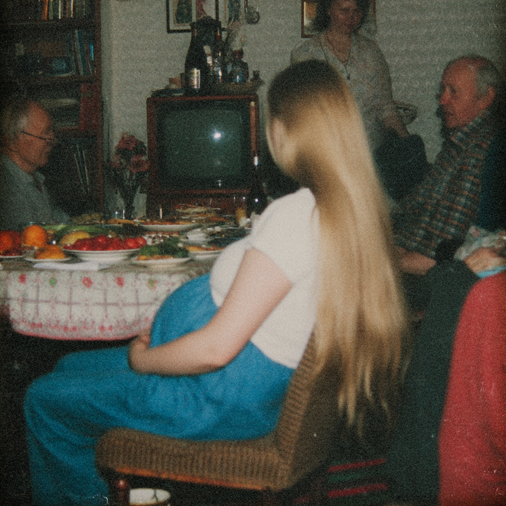 Eigene Darstellung (2025). Familienschnappschuss, schwangeres Kind [KI-generiertes Bild]. Erstellt mit Midjourney. Prompt:”A photograph of an polish family gathering in the late 1970s, featuring a young pregnant woman with long blonde hair wearing blue slacks and a white top, sitting on a sofa next to a dining table full of food, with older people standing around her and talking. The image is photorealistic and shot from behind the subject, taken with a film camera.”