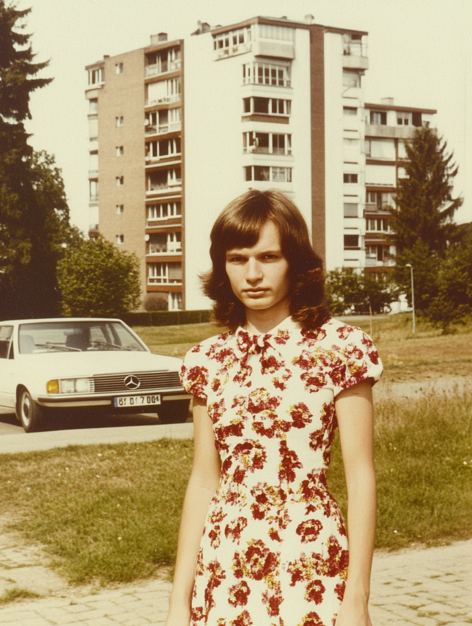 Eigene Darstellung (2025). “Luzie” [KI-generiertes Bild]. Erstellt mit Midjourney. Prompt: “70s, dortmund, in front of a high-rise housing estate, flash photo, snapshot, automatic analog camera, woman with brown blow out hair in airm, she is wearing flower dress, she isnt smiling”