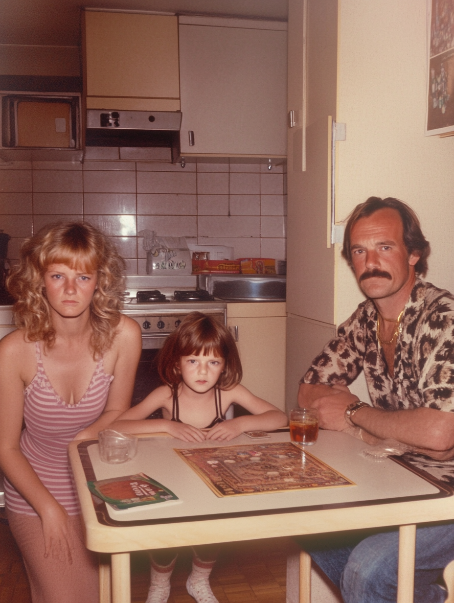 Eigene Darstellung (2025). Familienschnappschuss, 1975 [KI-generiertes Bild]. Erstellt mit Midjourney. Prompt: „family snapshot, small apartment in a high-rise housing estate, kitchen and living room are one room, simple furnishings, 70s, a woman with blond tousled hair stands in the kitchen leaning against the counter and looks seriously into the camera, a 9 year old girl and a 35 year old man are sitting at the table, the man wears a moustache, no smile, an open shirt and a gold chain, the girl looks frightened into the camera, she has brown hair, on the table are sodas and empty glasses and a board game, snapshot, flash, blurry, man does not look in the camera but at his cigarette:.2, they look distant, no posed photo”