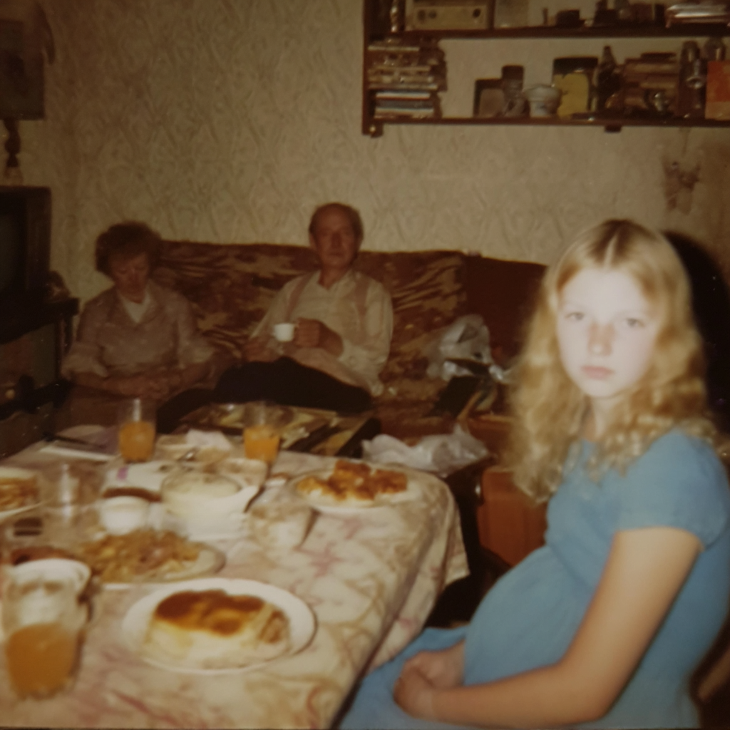 Eigene Darstellung (2025). Familienschnappschuss Familienzusammenkunft[KI-generiertes Bild]. Erstellt mit Midjourney. Prompt:”Polaroid photo of a blonde girl with her family at the dinner table, in an old house in Poland. The people appear to be in their 70s, elderly women. The image was taken with an 8mm lens, with polarized and low-light settings, using 35mm film photography. A polarizing filter was used, with a solid color background. The image features a 24-year-old woman with long, blonde hair sitting next to older men with grey hair. “