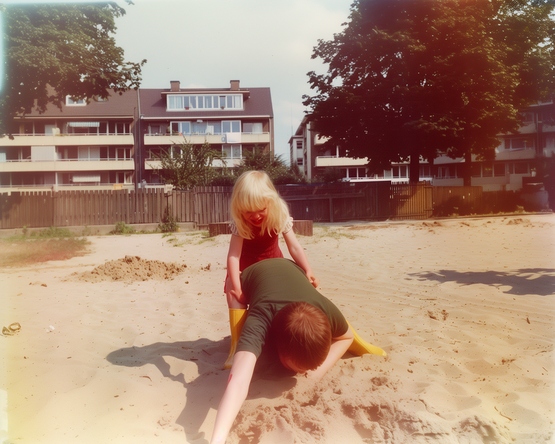  Eigene Darstellung (2025). Mama verprügelt einen Jungen[KI-generiertes Bild]. Erstellt mit Midjourney. Prompt:”A furious 3-year-old dark blonde girl aggressively pushing the head of an older boy into the sand on, she is wearing yellow rubber boots, boy is much bigger, pushing head in sand ::2”