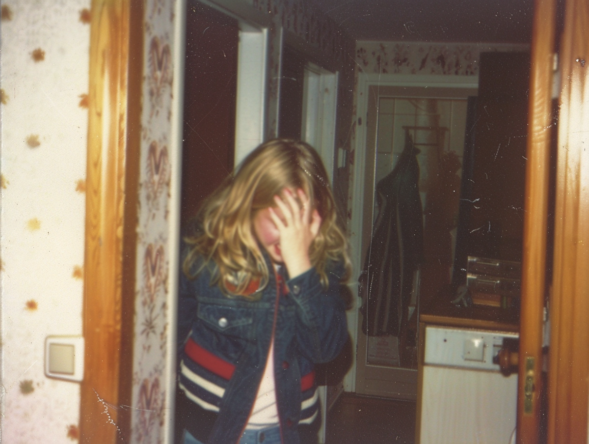  Eigene Darstellung (2025). Meine Mutter als kleines Mädchen mit Migräne [KI-generiertes Bild]. Erstellt mit Midjourney. Prompt:”10 year old girl with long blonde hair, holding her head in pain because she is having a migraine, painful, crying, she had cried, walked through the rain, read college jacket, jeans, white sneakers with two blue stripes, standing in door entrance of her home, small 1970s West German plattenbau , old analog photography, snapshot with flash, slightly blurry”