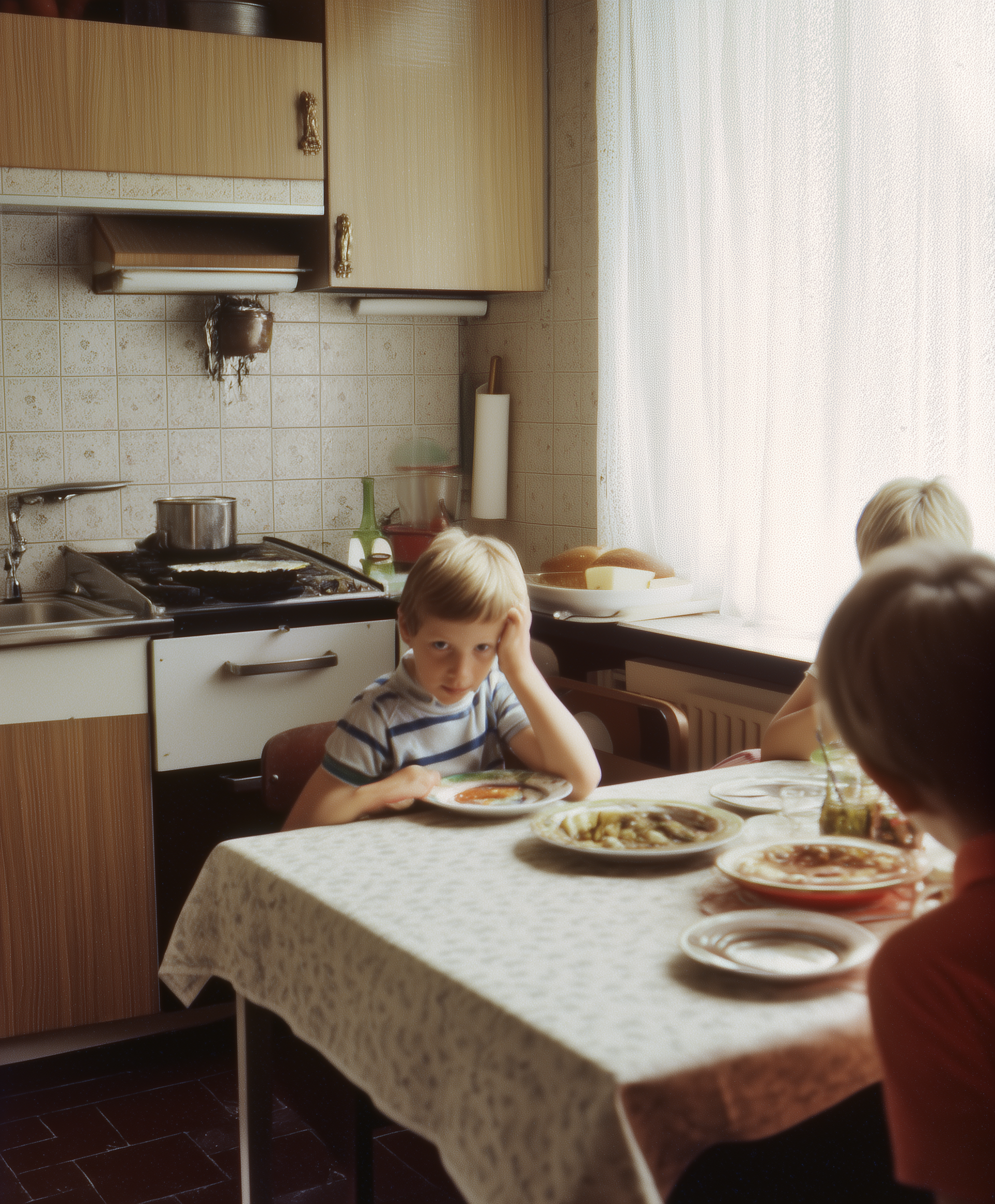 Eigene Darstellung (2025). Familienschnappschuss[KI-generiertes Bild]. Erstellt mit Midjourney. Prompt:”woman on the picture in small kitchen, she is looking inside the camera, three children sitting at table looking at their food, pocket camera, 70s, west germany, dortmund”