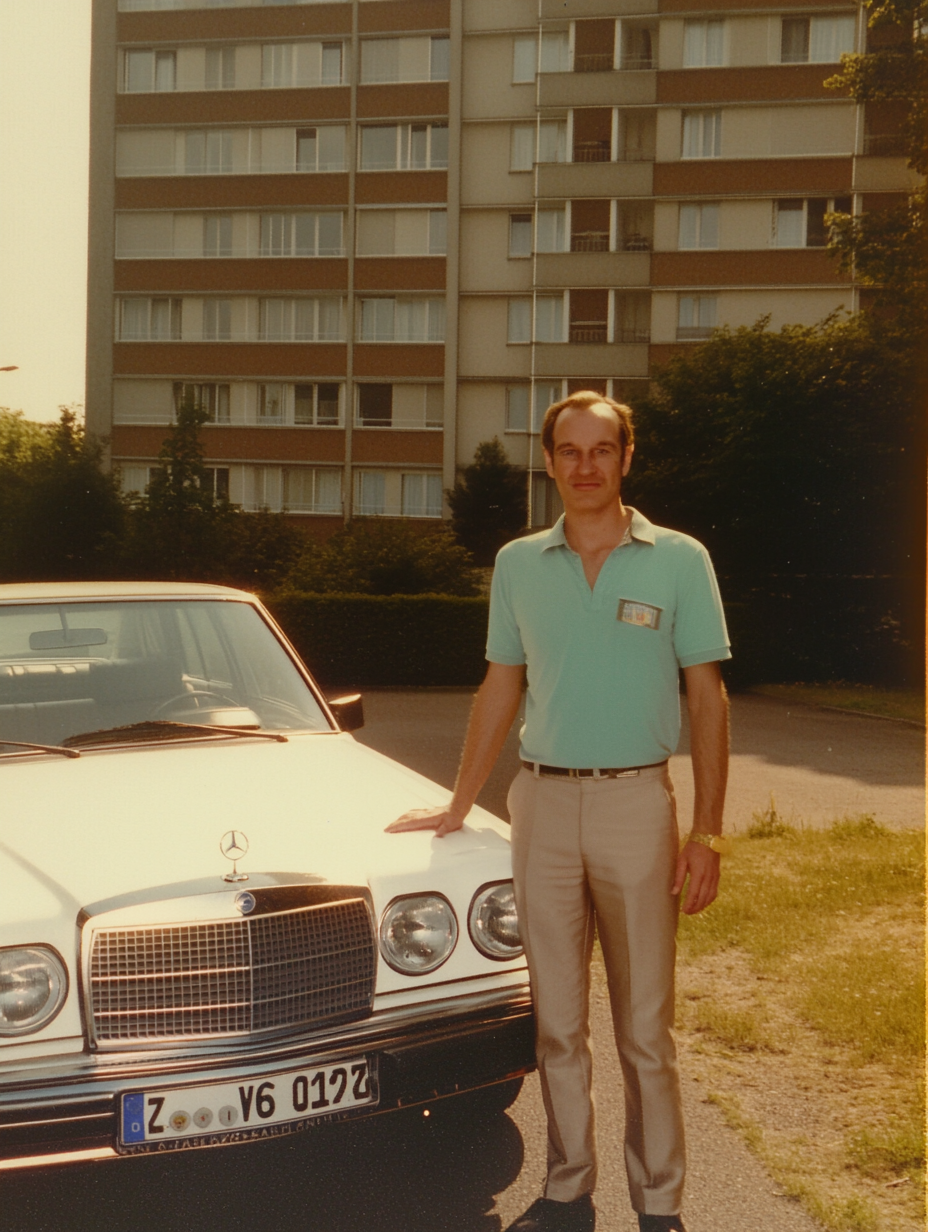 Eigene Darstellung (2025). “Onkel Richard” vor seinem Mercedes [KI-generiertes Bild]. Erstellt mit Midjourney. “Prompt no posed photo, slim tall man in front of a white mercedes from the 70s, pimp, 70s, dortmund, in front of a high-rise housing estate, flash photo, snapshot, automatic analog camera”