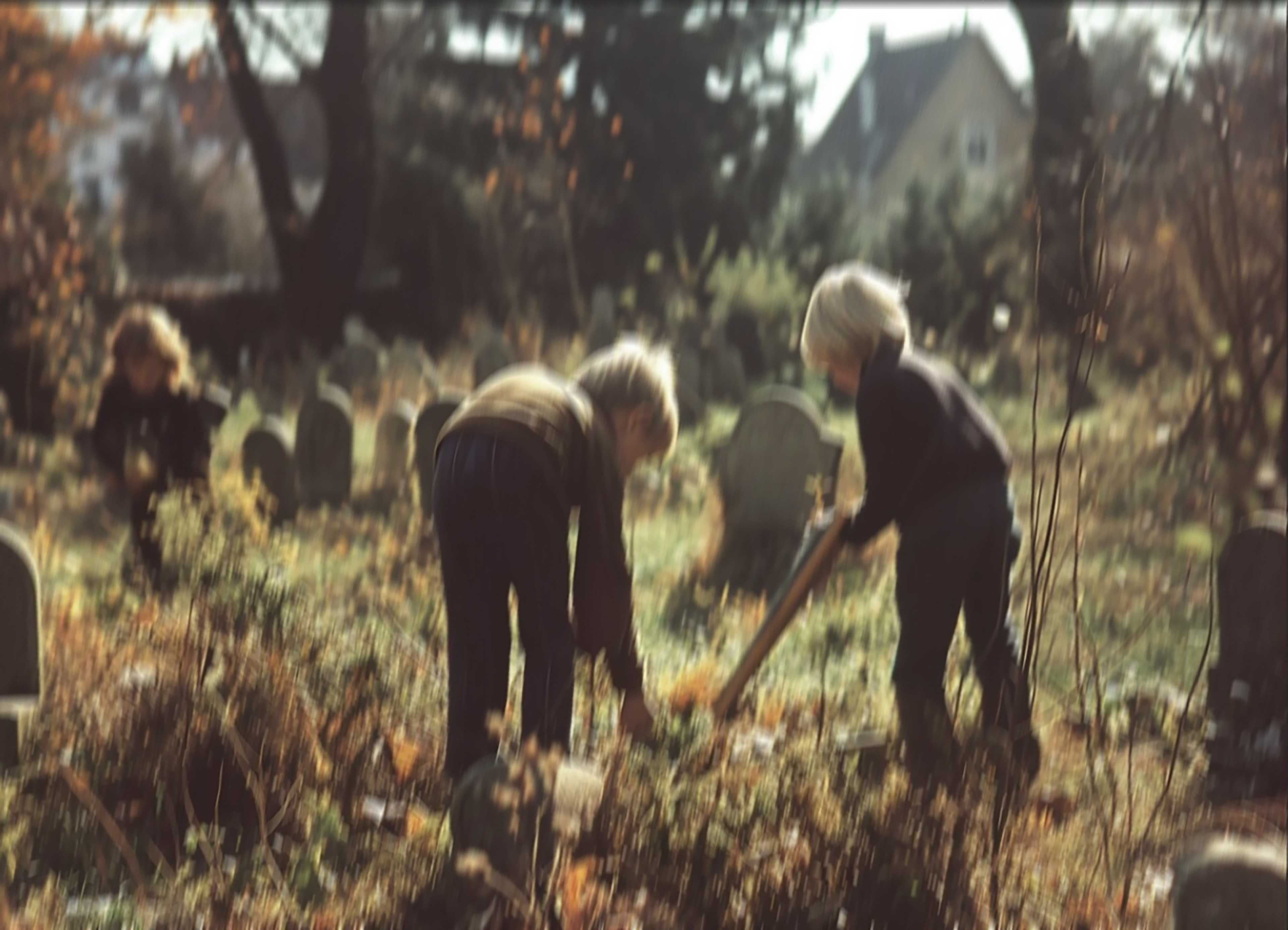 Eigene Darstellung (2025) Kinder säubern Friedhof. Prompt: 9 year old children cleaning uo neglected graves, graveyard, west germany, dortmund, 70s, analog photography, blurred --ar 3:2 