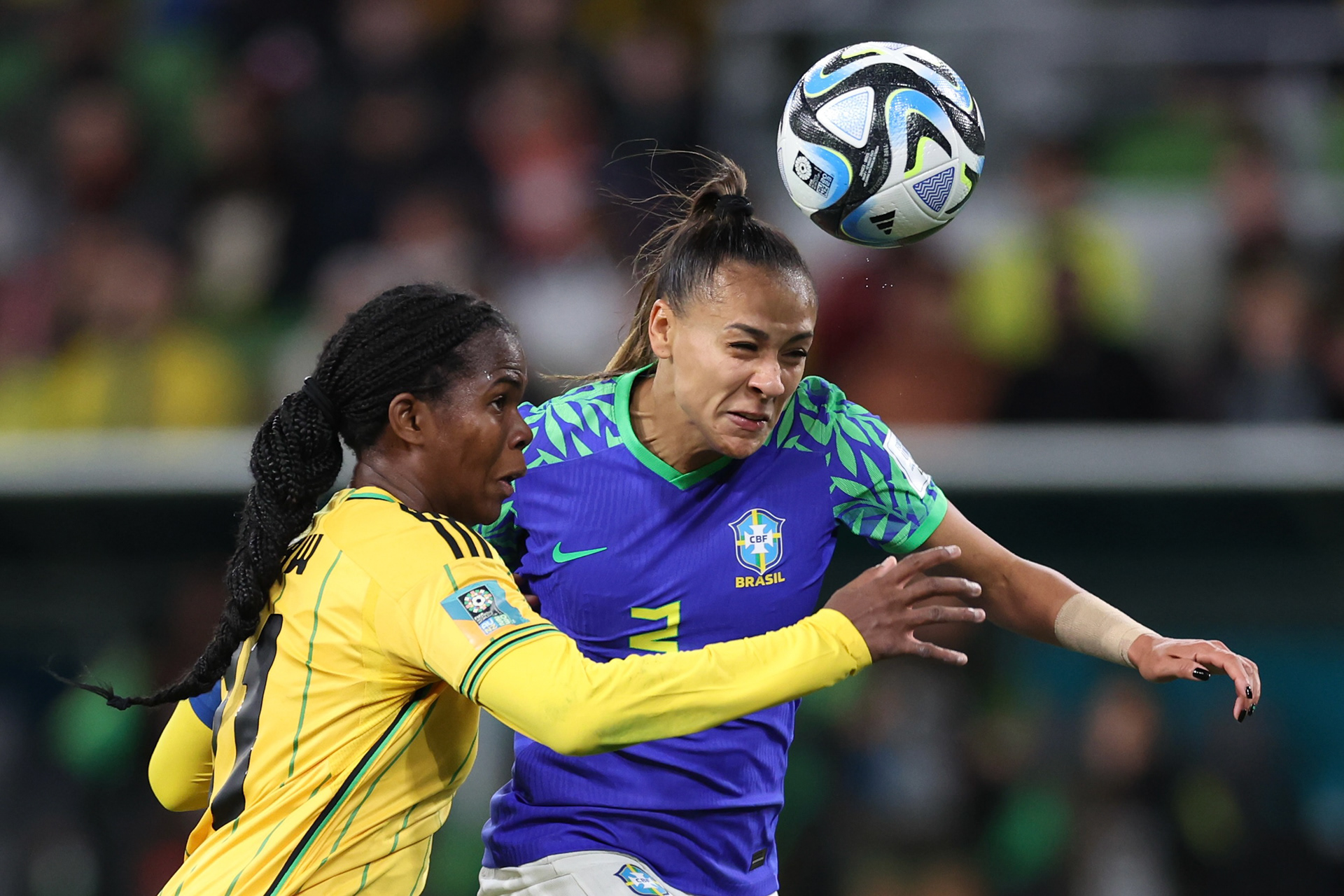 Jamaica's Khadija Shaw in action against Brazil's Kathellen during the Women's World Cup Group F soccer match between Jamaica and Brazil in Melbourne, Australia, Wednesday, Aug. 2, 2023. (AP Photo/Victoria Adkins)