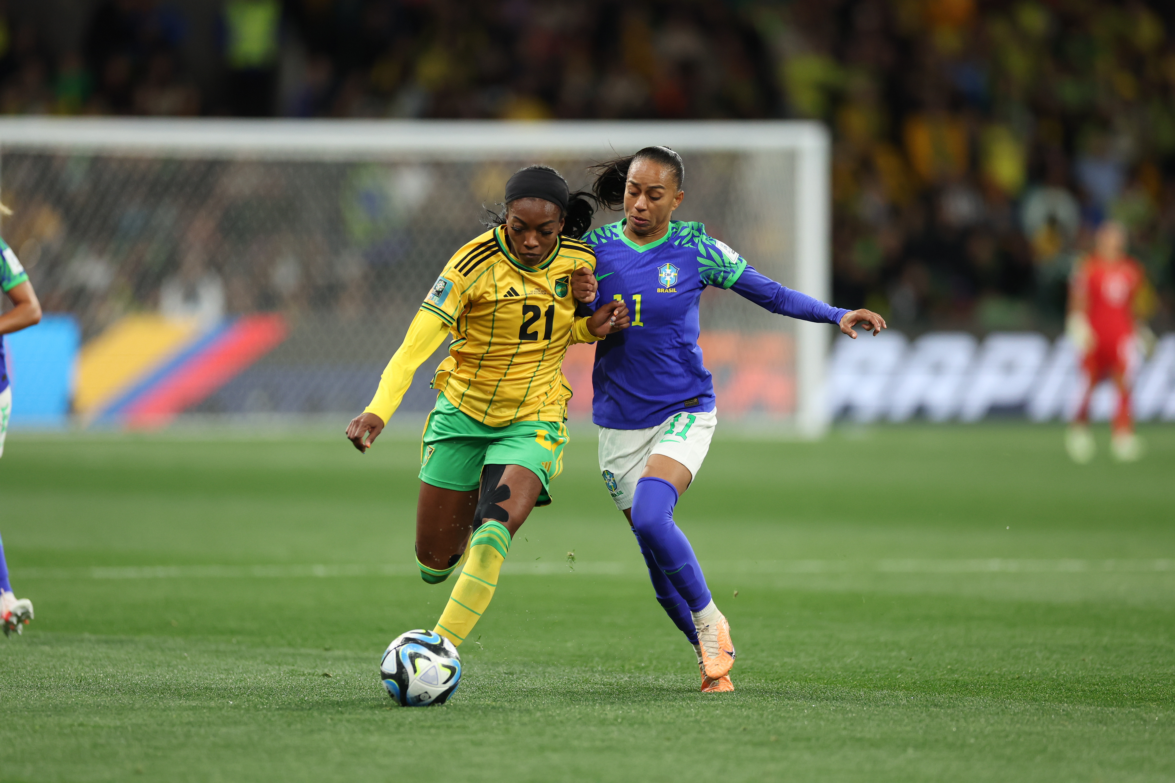 Jamaica's Cheyna Matthews in action against Brazil's Adriana during the Women's World Cup Group F soccer match between Jamaica and Brazil in Melbourne, Australia, Wednesday, Aug. 2, 2023. (AP Photo/Victoria Adkins)