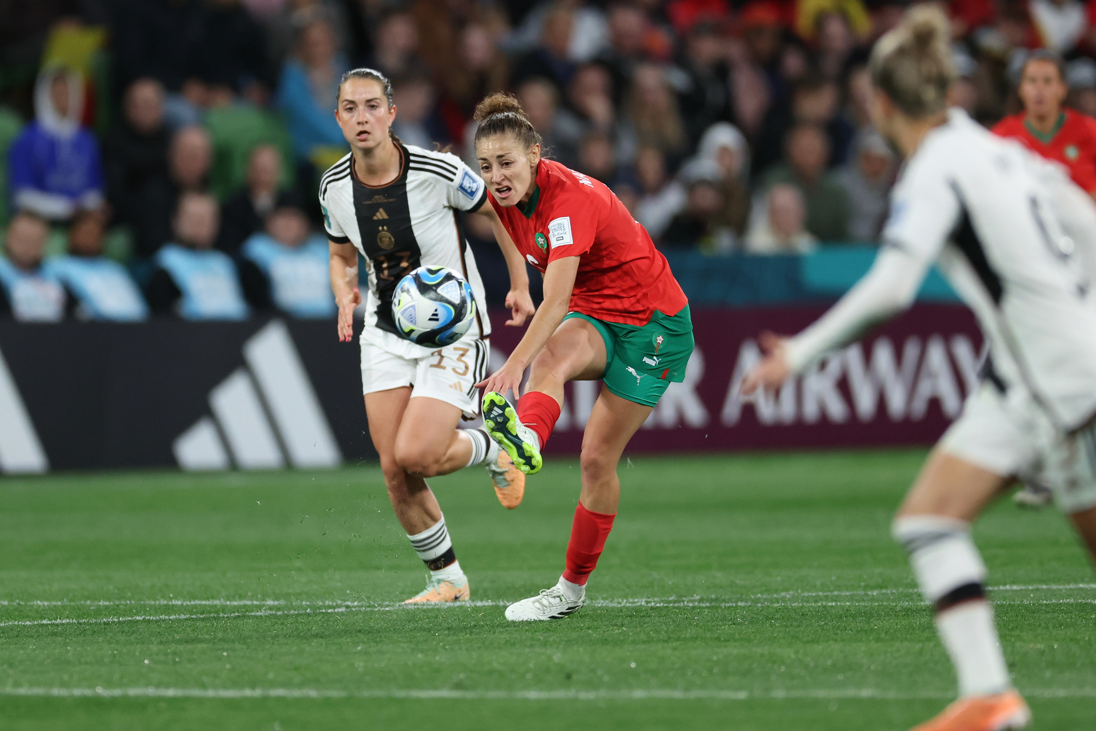 Morocco's Elodie Nahla Nakkach attempts a shot at goal during the Women's World Cup Group H soccer match between Germany and Morocco in Melbourne, Australia, Monday, July 24, 2023. (AP Photo/Victoria Adkins)