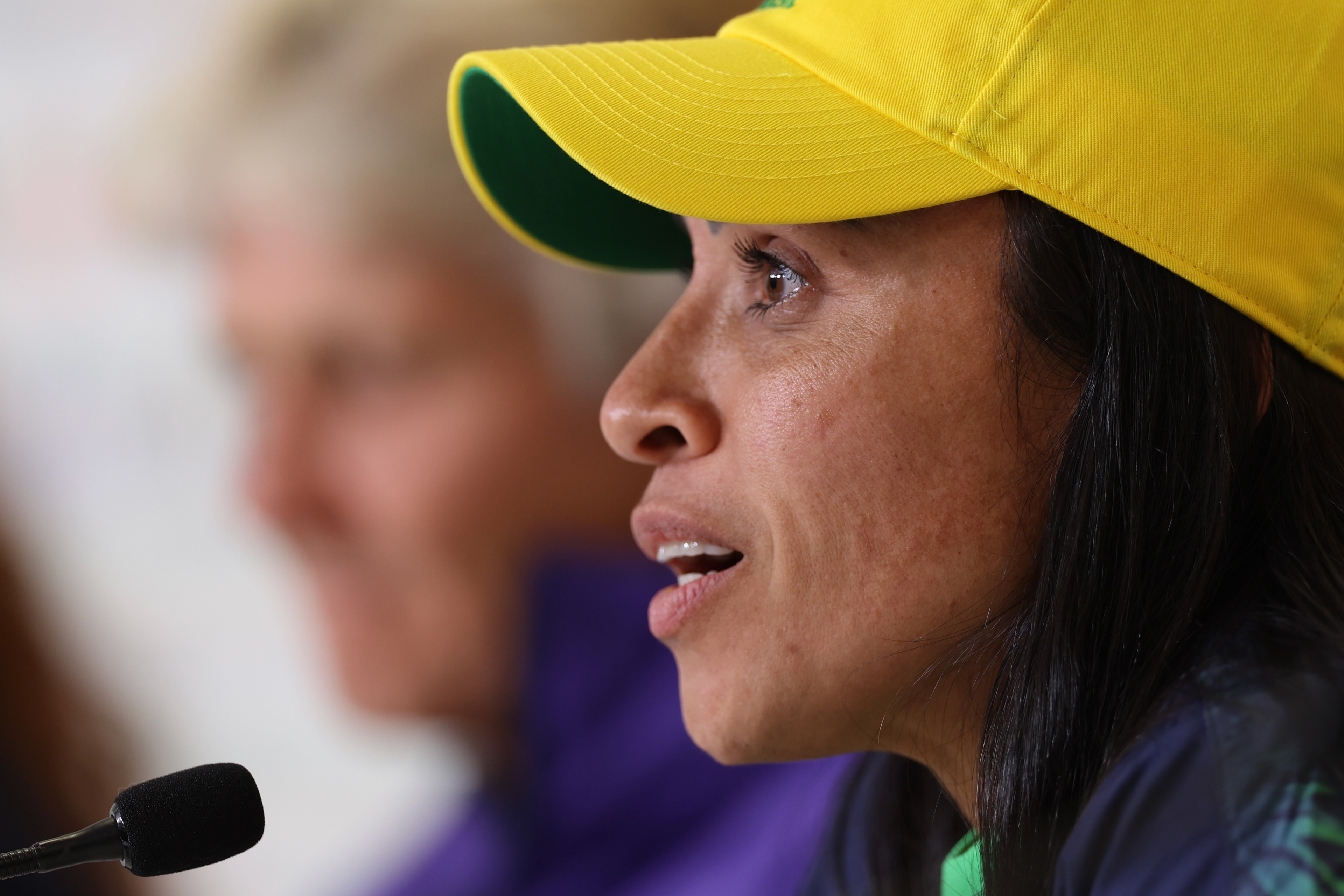 Brazil's Marta reacts at a news conference ahead of what could be her last Women's World Cup match in Melbourne, Australia, Tuesday, Aug. 1, 2023. "When I started playing, I didn't have an idol - a female idol. (AP Photo/Victoria Adkins)