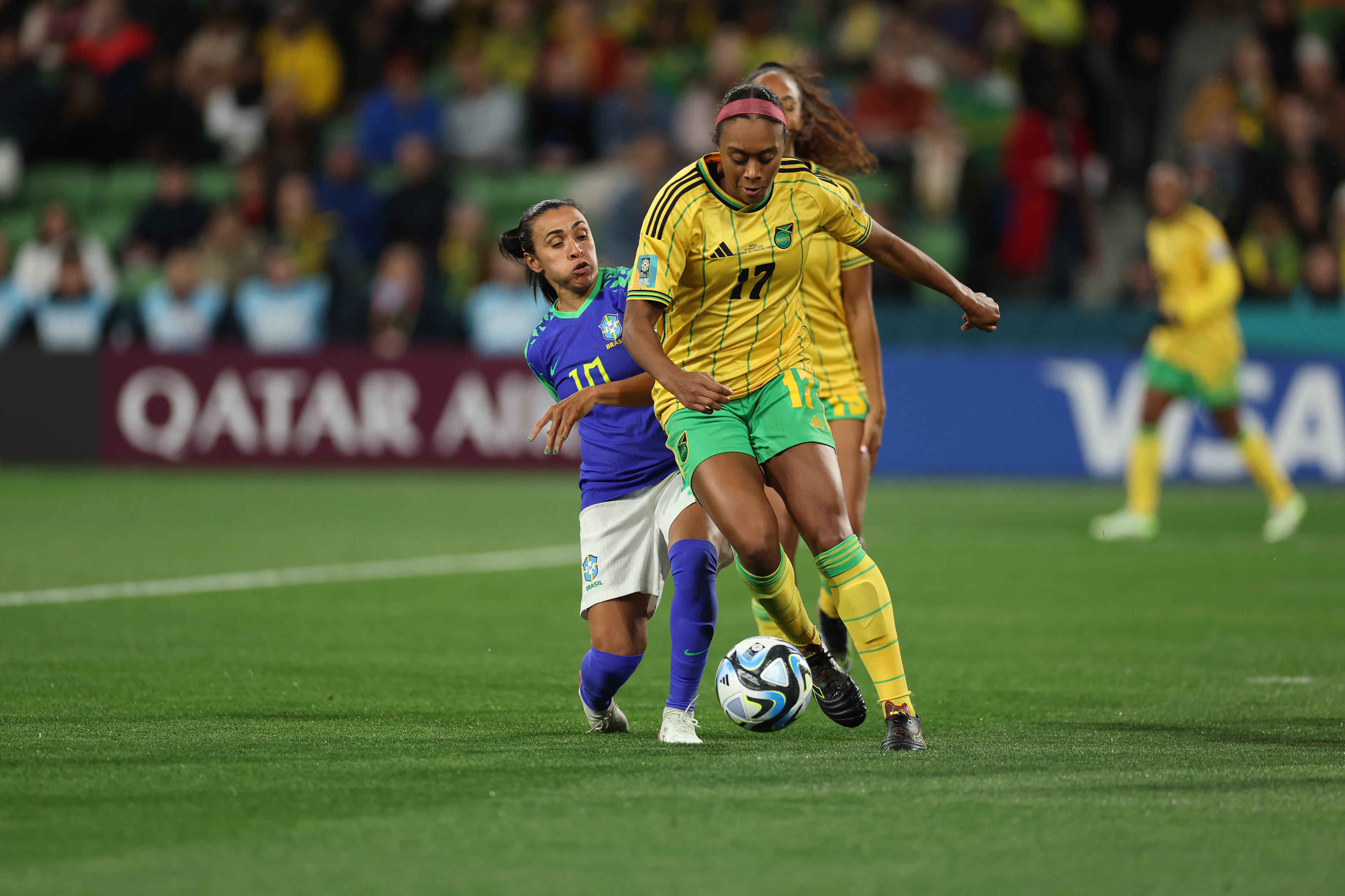 Brazil's Marta in action against Jamaica's Allyson Swaby during the Women's World Cup Group F soccer match between Jamaica and Brazil in Melbourne, Australia, Wednesday, Aug. 2, 2023. (AP Photo/Victoria Adkins)