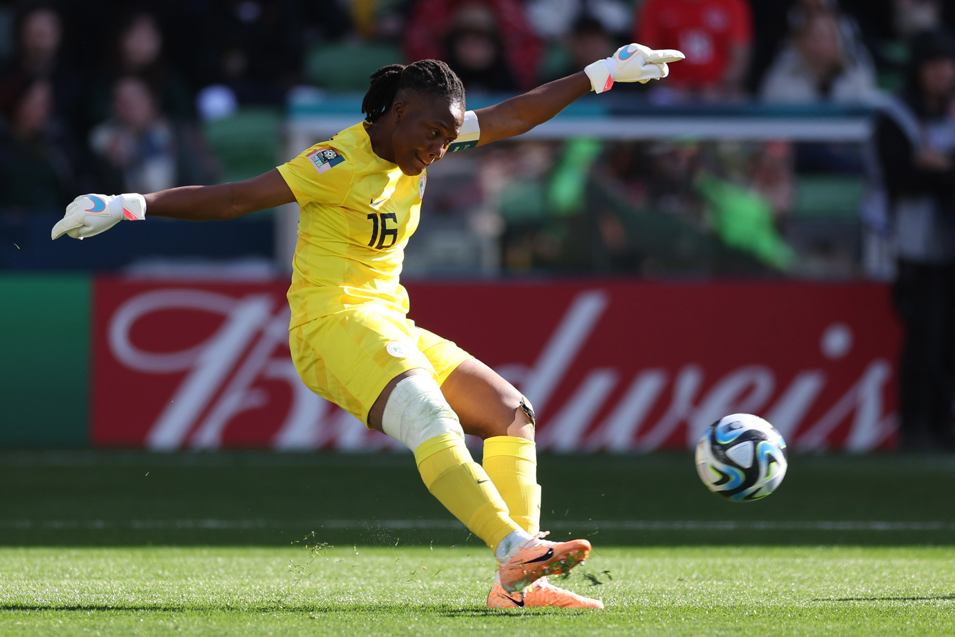 Nigeria's goalkeeper Chiamaka Nnadozie kicks the ball downfield during the Women's World Cup Group B soccer match between Nigeria and Canada in Melbourne, Australia, Friday, July 21, 2023. (AP Photo/Victoria Adkins)