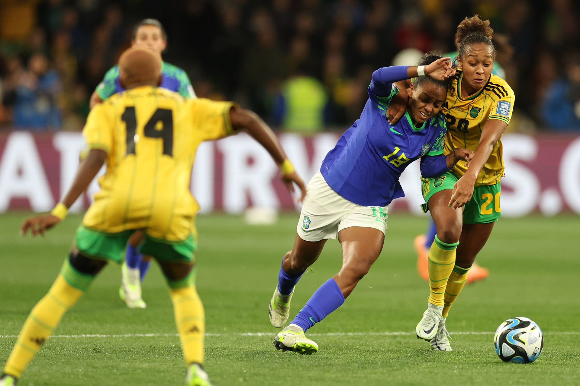 Brazil's Geyse, center, in action against Jamaica's Atlanta Primus during the Women's World Cup Group F soccer match between Jamaica and Brazil in Melbourne, Australia, Wednesday, Aug. 2, 2023. (AP Photo/Victoria Adkins)