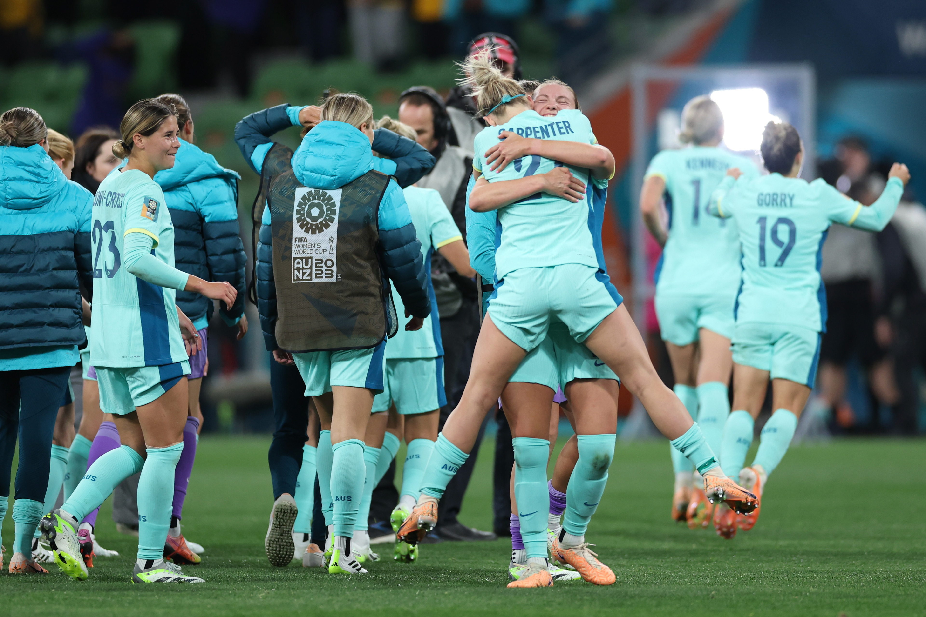 Australia's Ellie Carpenter leaps into a teammate's arms at the end of the Women's World Cup Group B soccer match between Australia and Canada in Melbourne, Australia, Monday, July 31, 2023. Australia won 4-0. (AP Photo/Victoria Adkins)