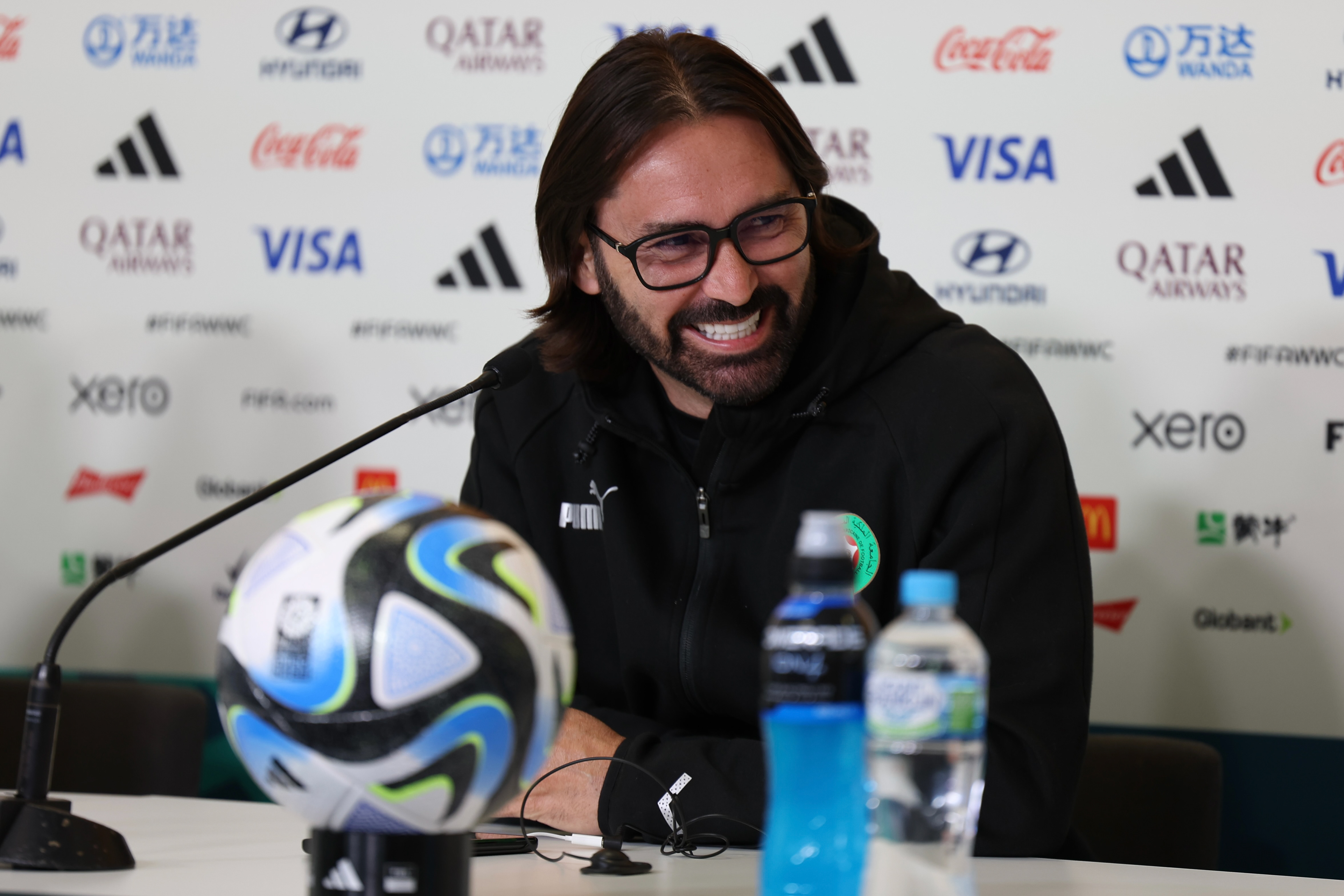 Morocco's head coach Reynald Pedros reacts during a news conference at the Melbourne Rectangular Stadium ahead of his team's Women's World Cup Group H match against Germany in Melbourne, Australia, Sunday, July 23, 2023. (AP Photo/Victoria Adkins)