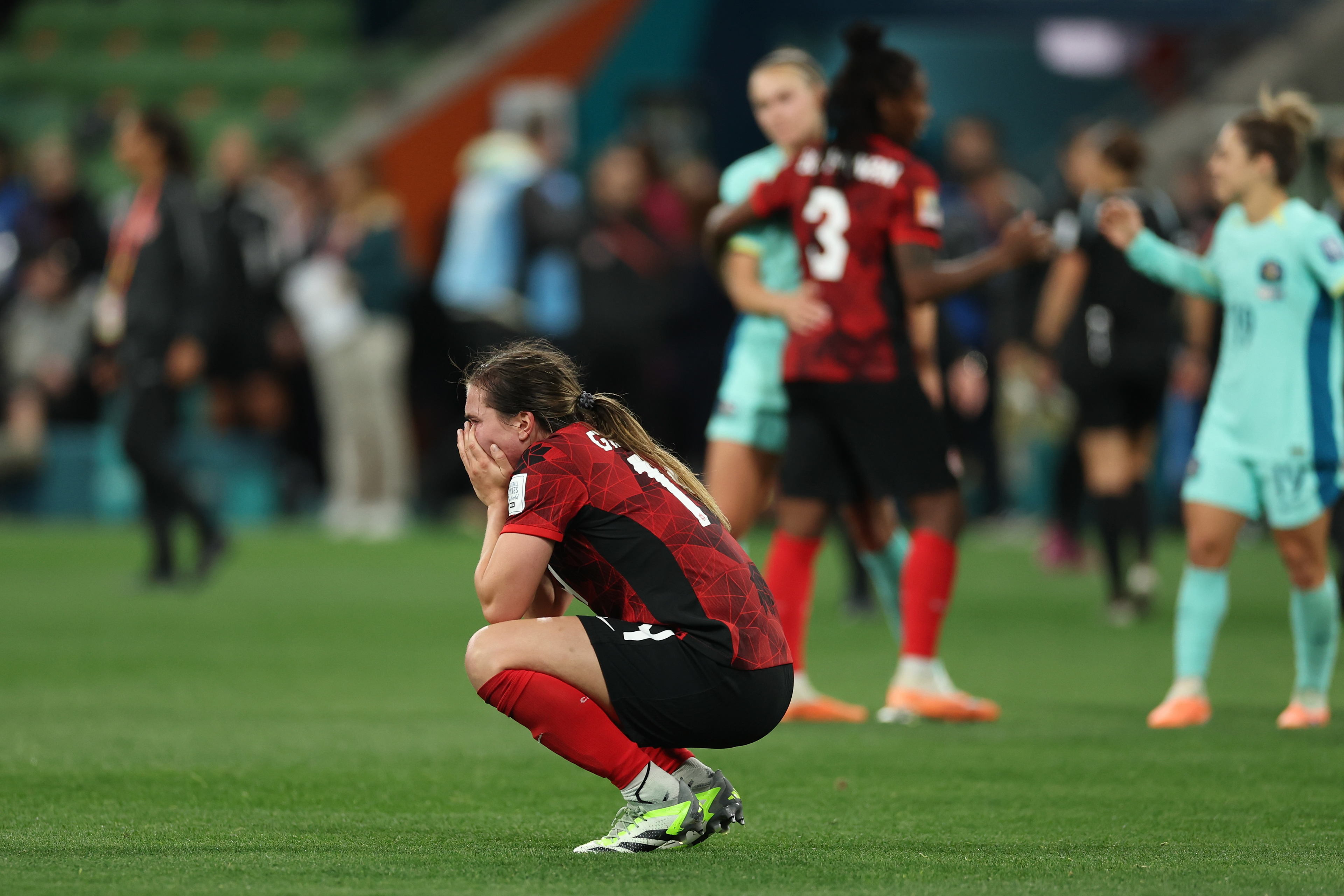 Canada's Vanessa Gilles reacts at the end of the Women's World Cup Group B soccer match between Australia and Canada in Melbourne, Australia, Monday, July 31, 2023. Australia won 4-0. (AP Photo/Victoria Adkins)