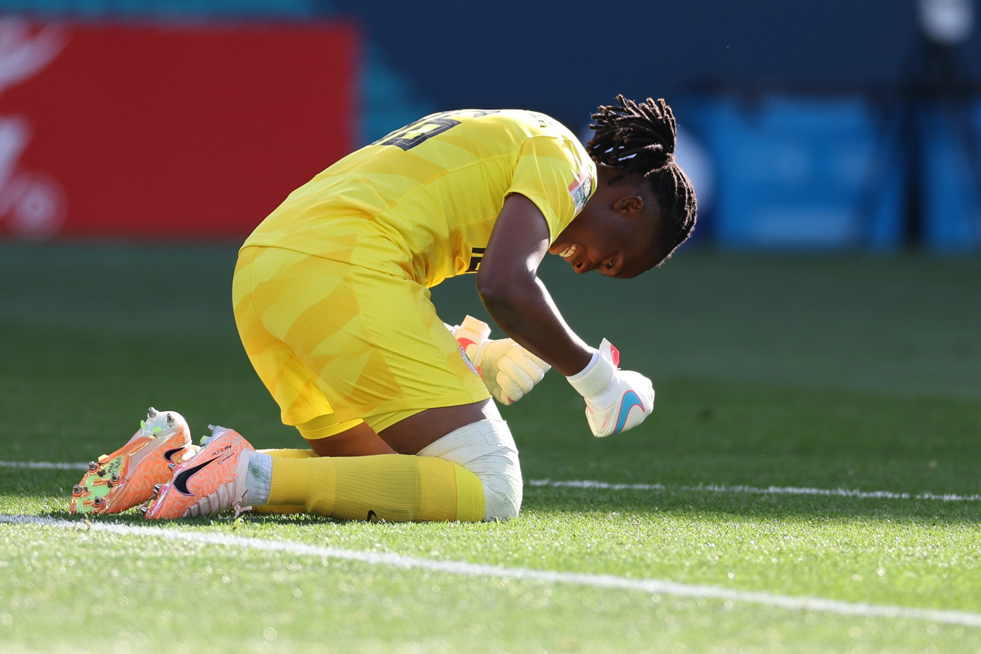 Nigeria's goalkeeper Chiamaka Nnadozie reacts following the Women's World Cup Group B soccer match between Nigeria and Canada in Melbourne, Australia, Friday, July 21, 2023. (AP Photo/Victoria Adkins)