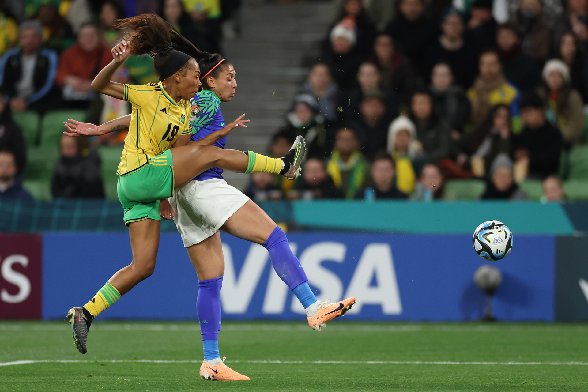 Jamaica's Tiernny Wiltshire, right, in action against Brazil's Bia Zaneratto during the Women's World Cup Group F soccer match between Jamaica and Brazil in Melbourne, Australia, Wednesday, Aug. 2, 2023. (AP Photo/Victoria Adkins)