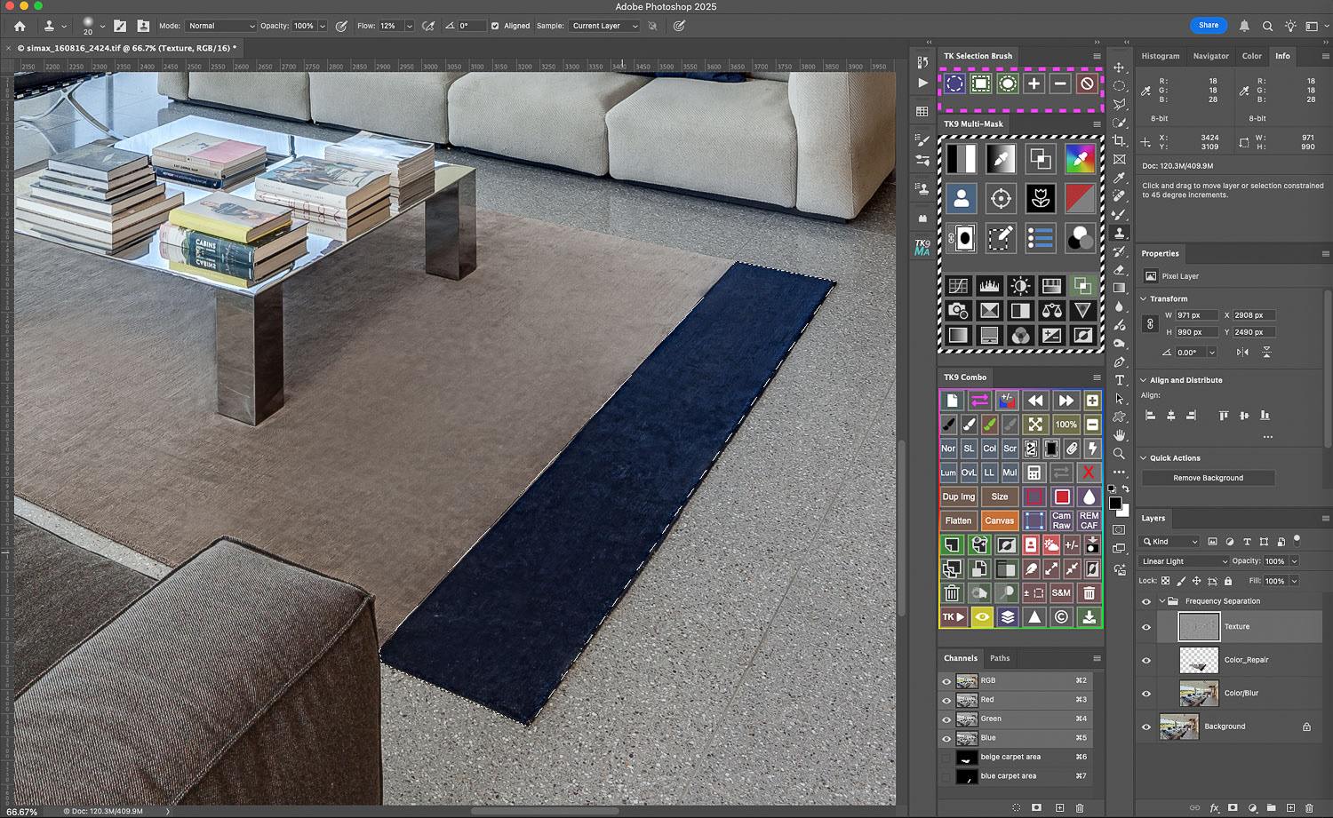 With the area selected, it's first back to the color repair layer and using the Mixer Brush Tool to even out the tone and then back to the texture layer and using the clone Stamp tool for the details...