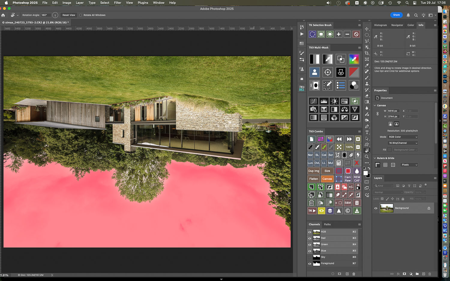 Inverting the image somehow reduces the central importance of the building, enabling one to really focus on quality of masking or the effect of an adjustment to a particular area for example...