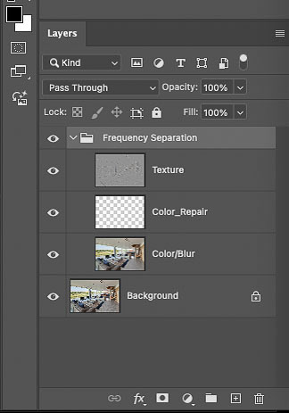 creates a folder containing all the required layers : a color/ blur layer with a repair layer above it (so that adjustments can be walked back if needed) and a texture layer: this saves SO much time!